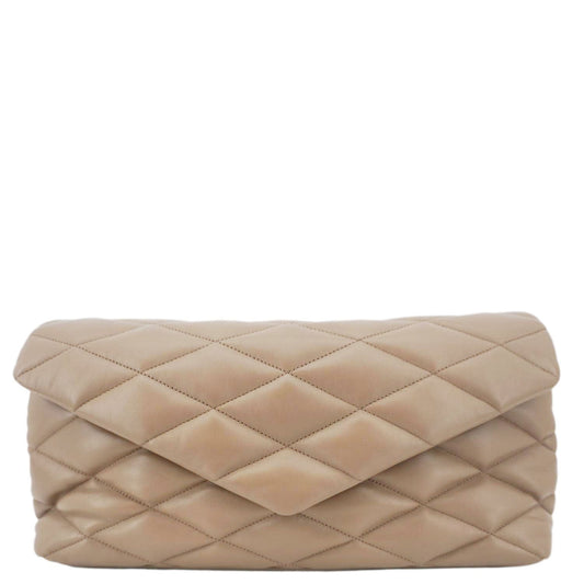 YSL Saint Laurent Yves Sade Clutch Bag Taupe Leather Quilted Large
