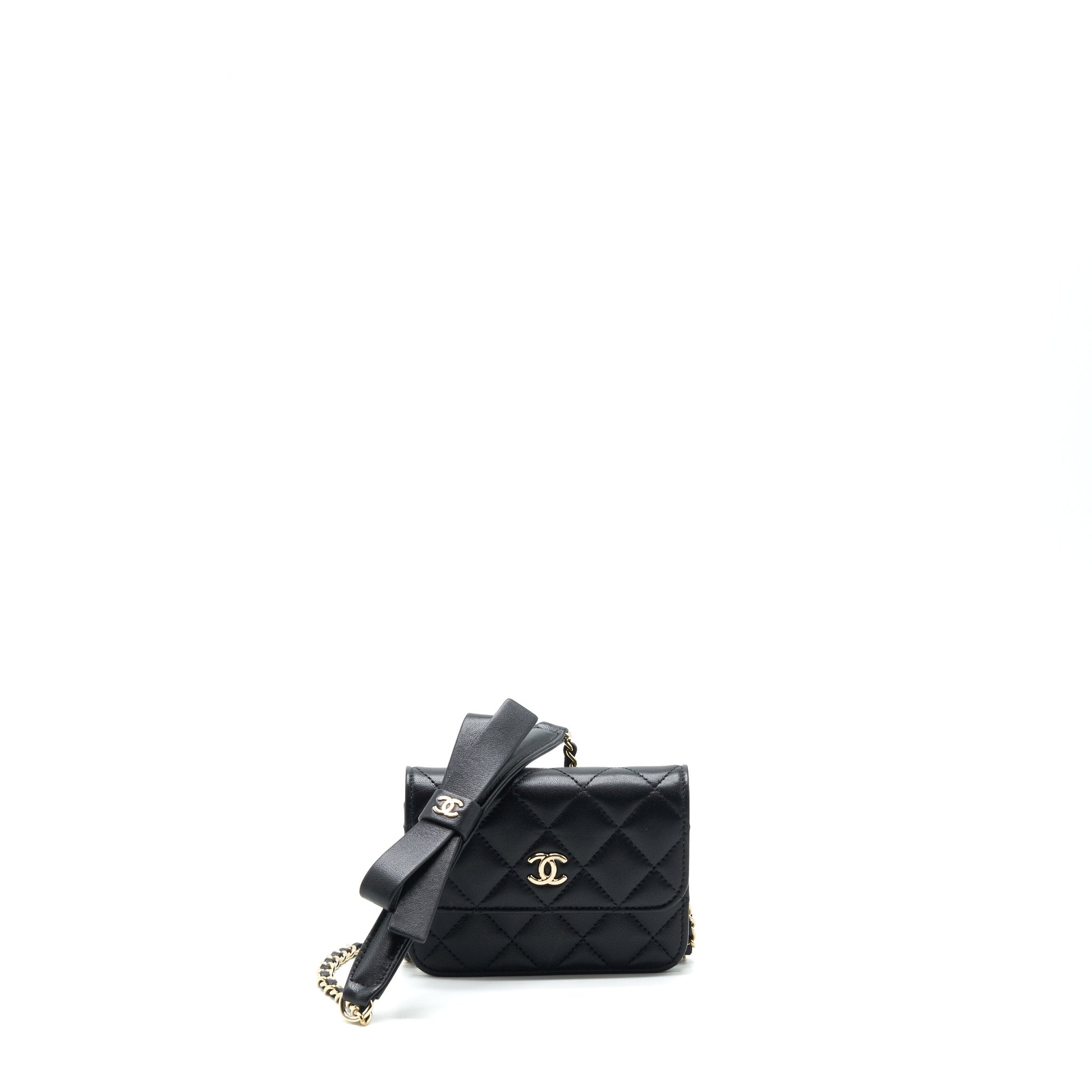 Chanel Flap Card Holder Ribbon Lambskin LGHW Black Wallet Case Lghw 1