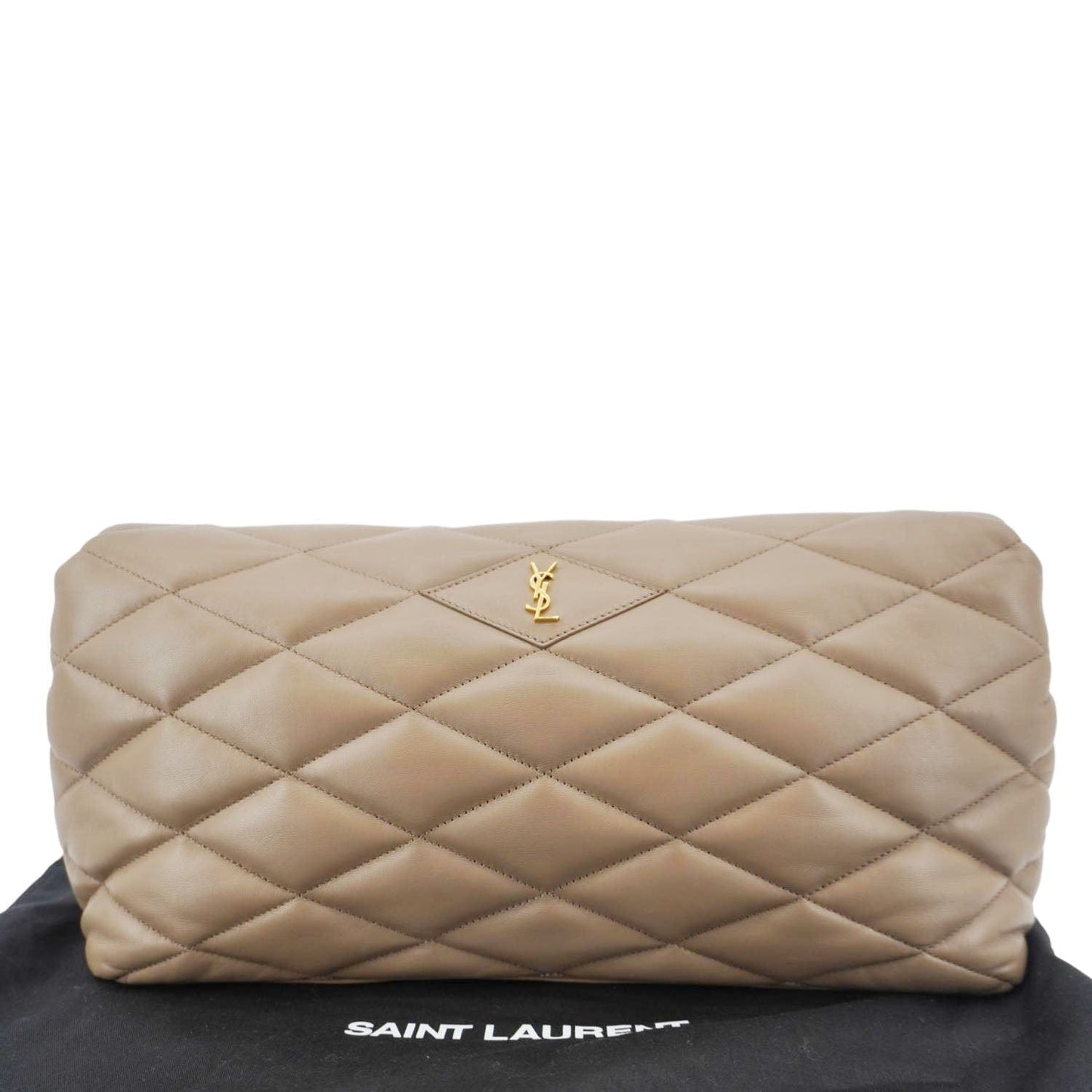 YSL Saint Laurent Yves Sade Clutch Bag Taupe Leather Quilted Large