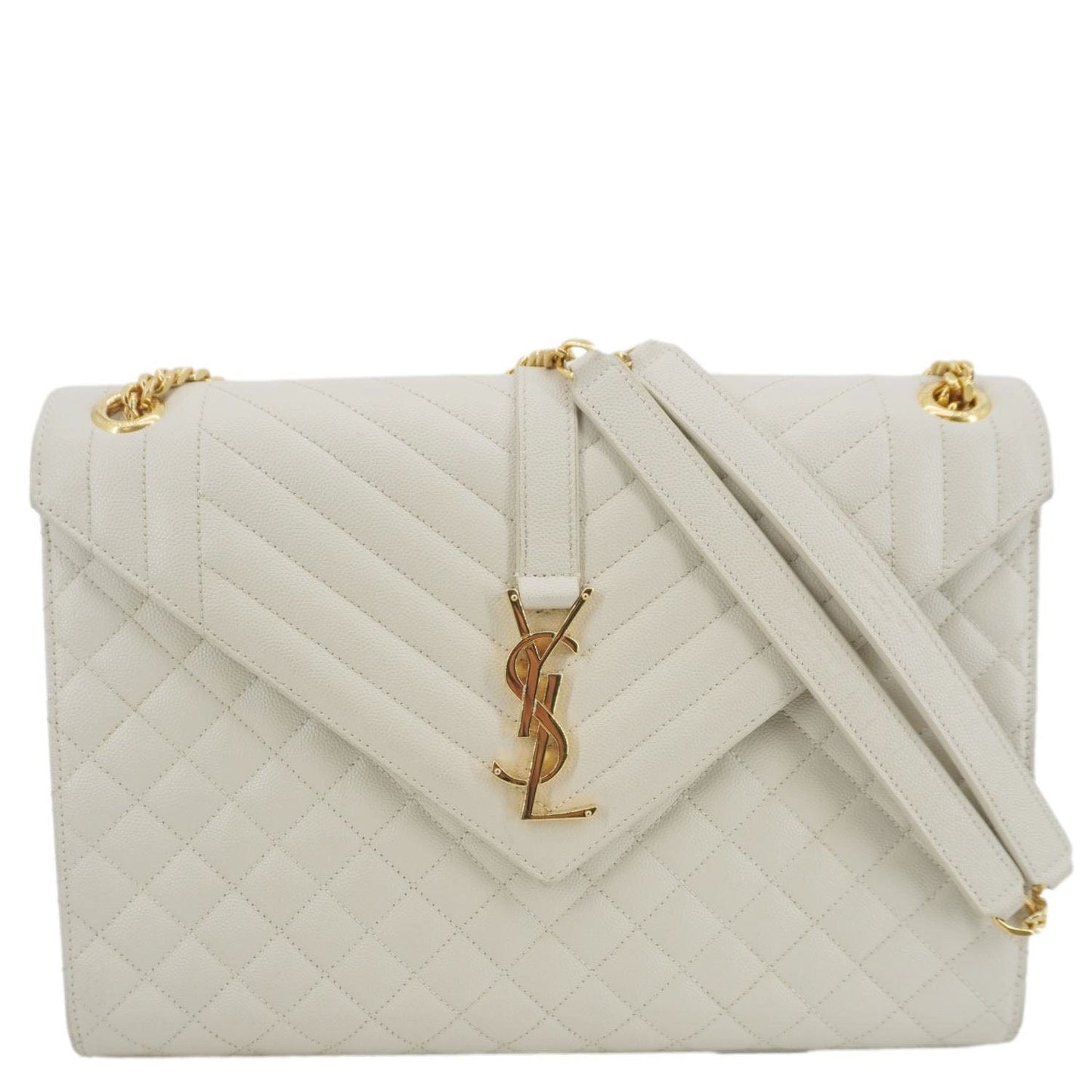 YSL Saint Laurent Yves Envelope Mixed Shoulder Bag Leather Matelasse White