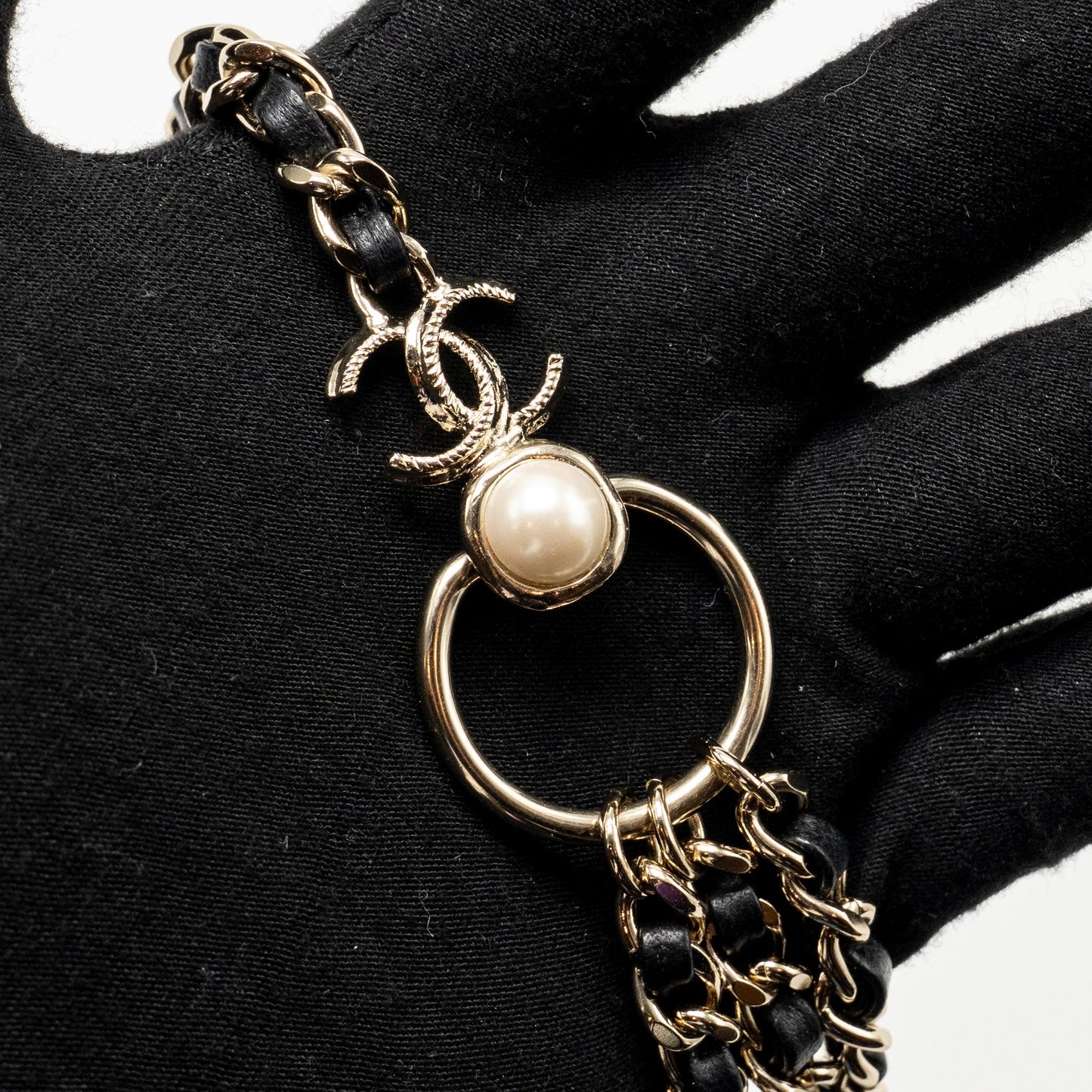 Chanel CC Pearl Waist Belt Light Tone Black Gold Leather
