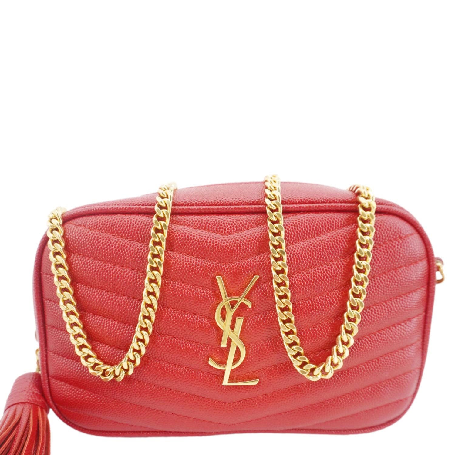 YSL Saint Laurent Yves Lou Chevron Camera Crossbody Bag Leather Red Small
