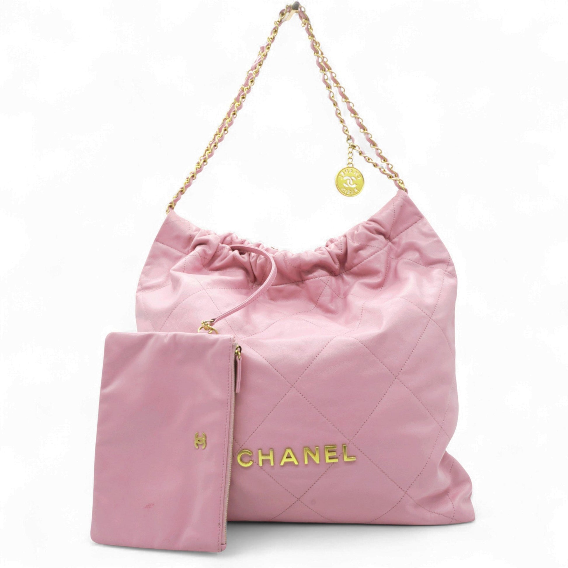 Chanel Shiny Quilted 22 Drawstring Bag Pink Large