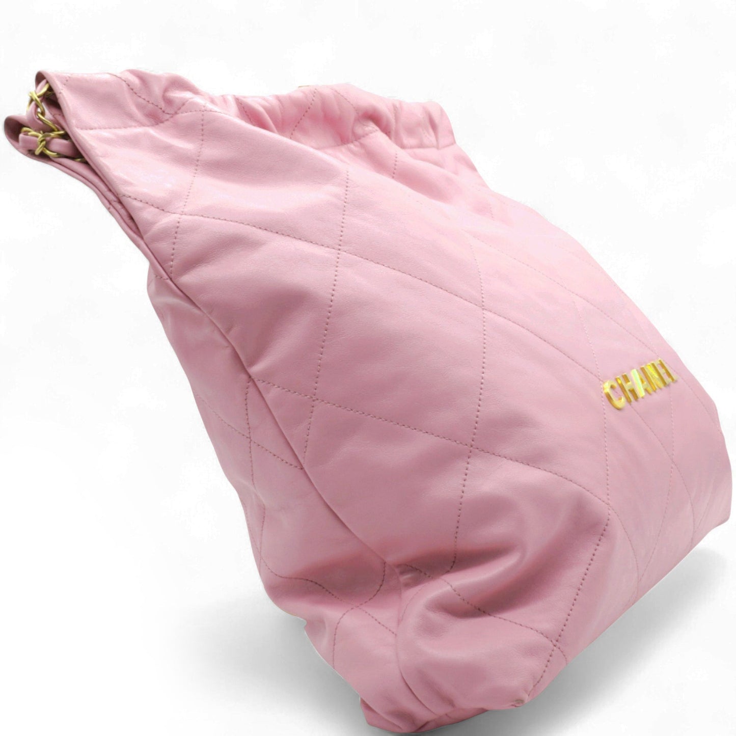 Chanel Shiny Quilted 22 Drawstring Bag Pink Large