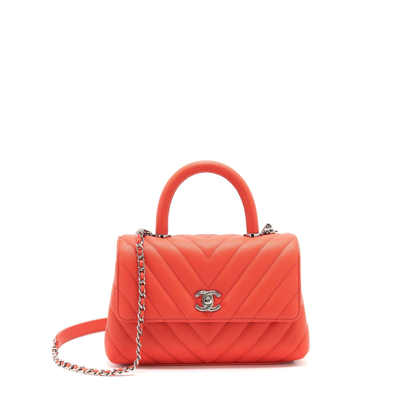 Chanel Coco Handle 24cm Chevron Coral Ruthenium Red Small Handbag