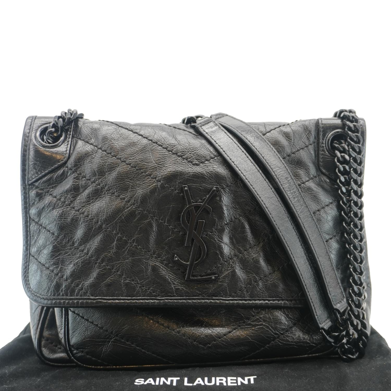 YSL Saint Laurent Yves Niki Crinkle Shoulder Bag Leather Black Baby