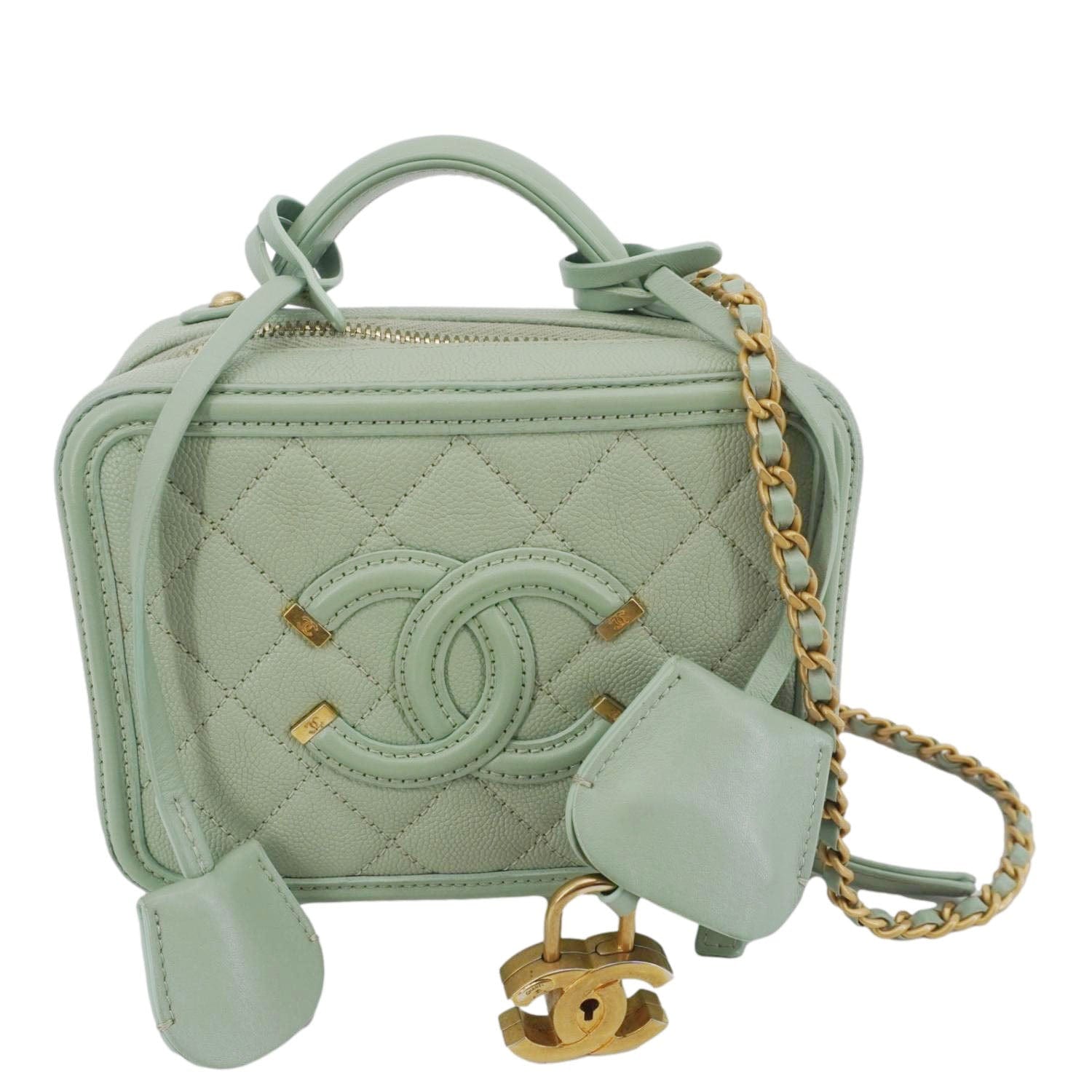 Louis Vuitton Chanel Vanity Case Filigree Cc Small Caviar Quilted Shoulder Bag Light Green