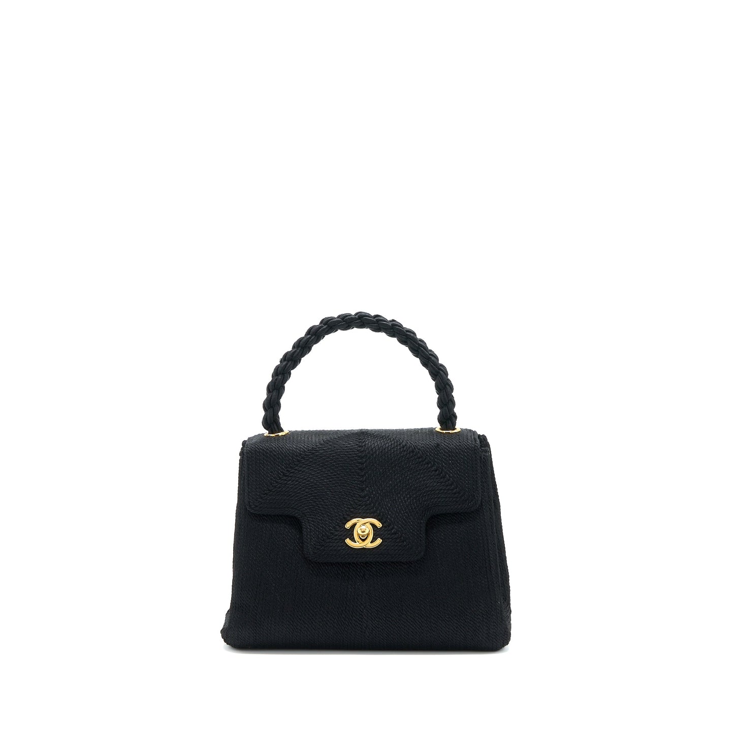 Chanel Top Handle Flap Woven Silk GHW Black Shoulder Bag