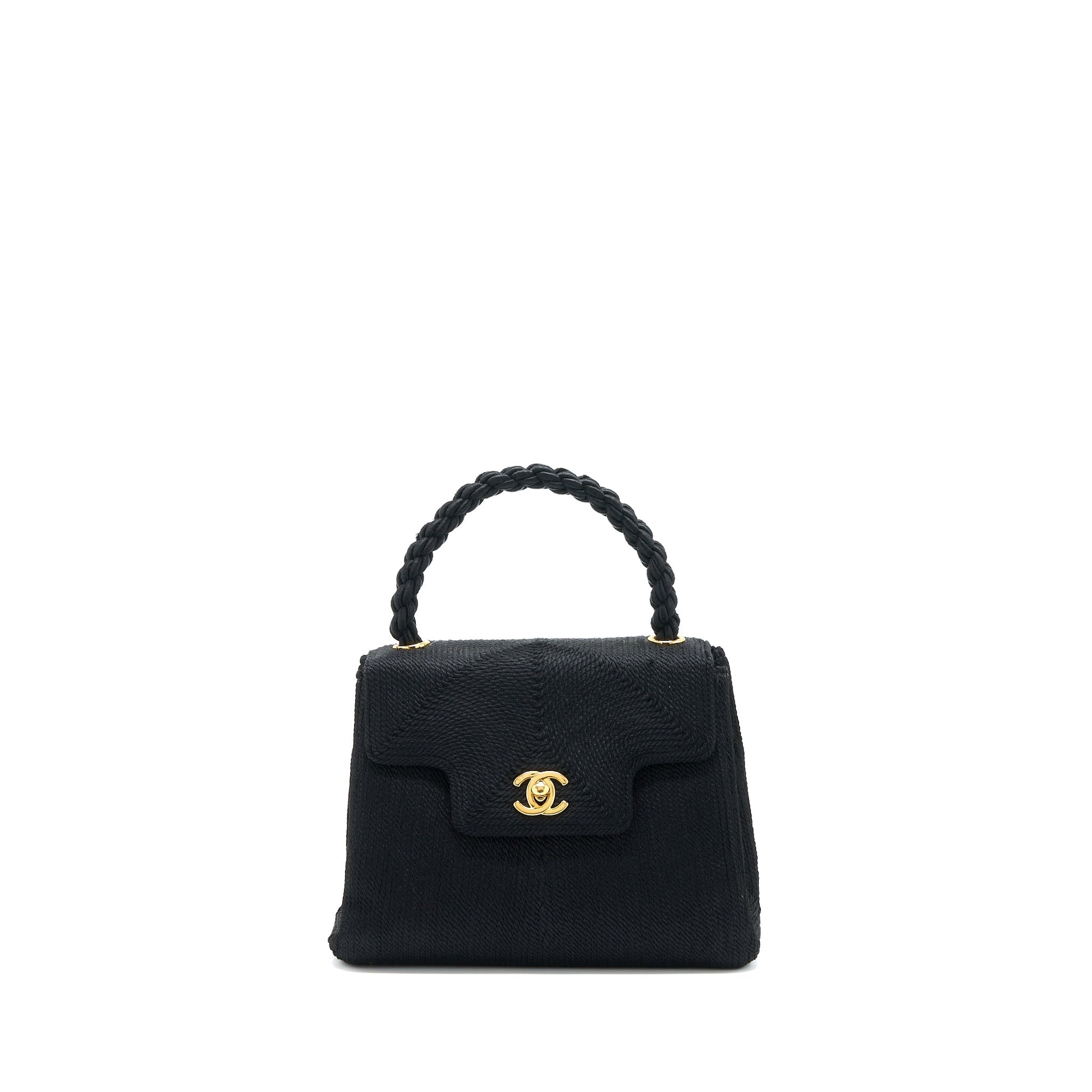 Chanel Top Handle Flap Woven Silk GHW Black Shoulder Bag
