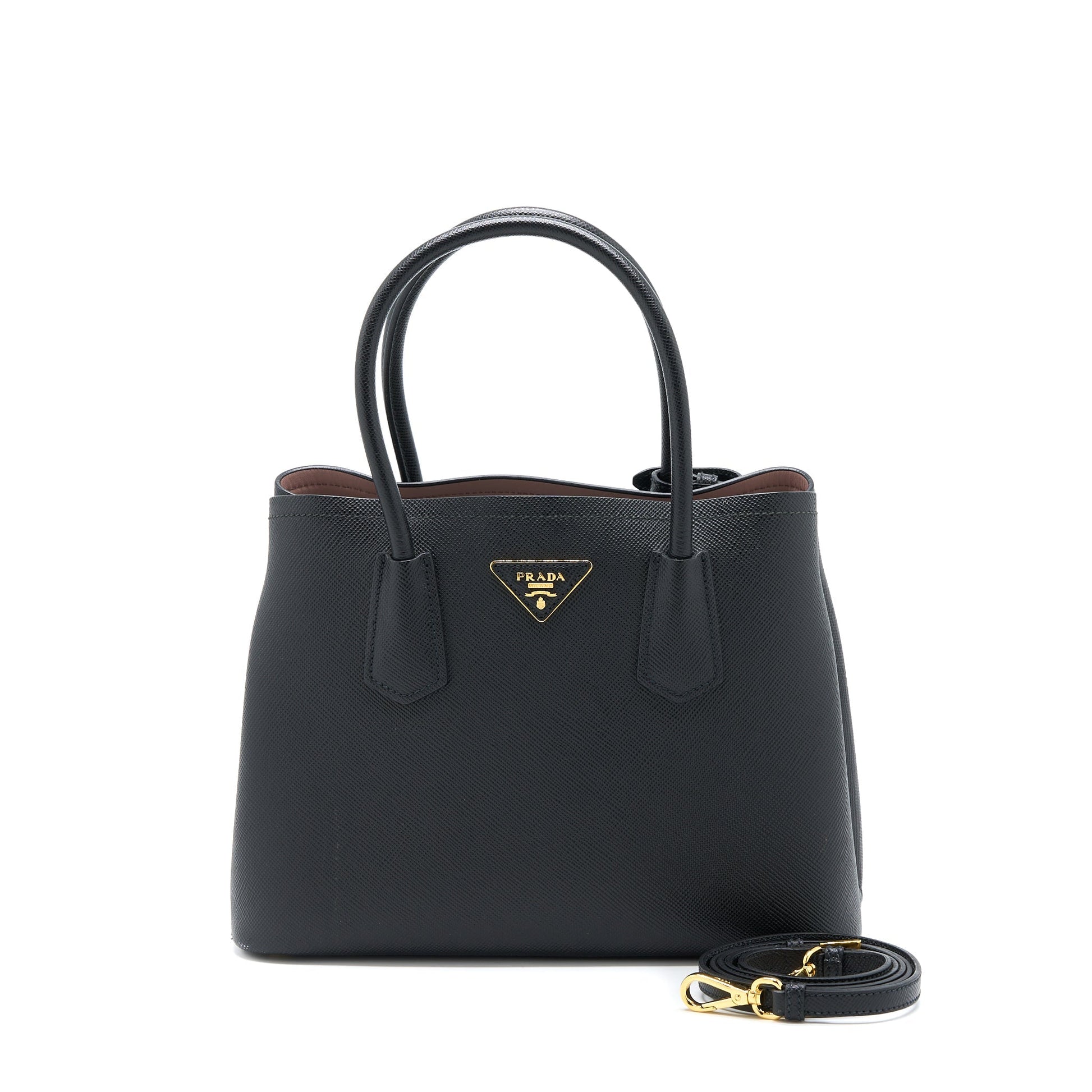 Prada Saffiano Double Purse Calfskin Handbag Black Travel Bag