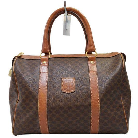 Celine Macadam Pattern Pvc Satchel Bag Leather Brown Travel Bag