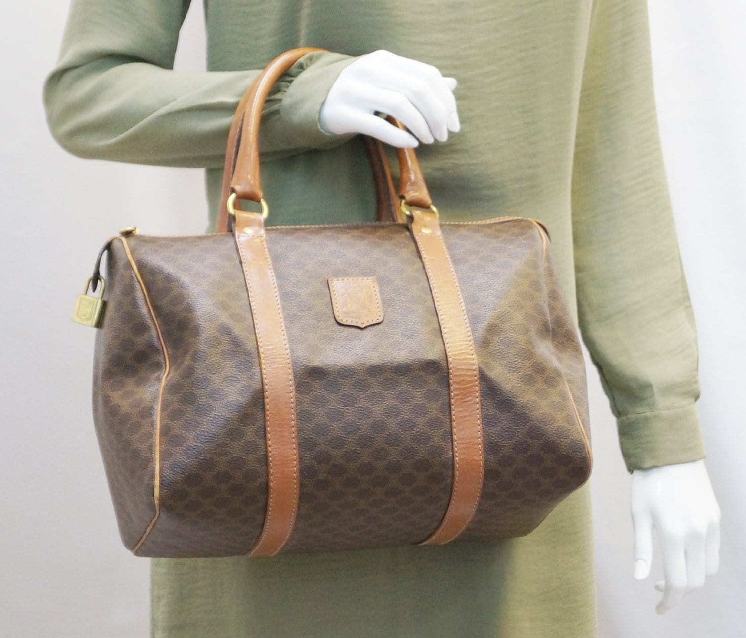 Celine Macadam Pattern Pvc Satchel Bag Leather Brown Travel Bag