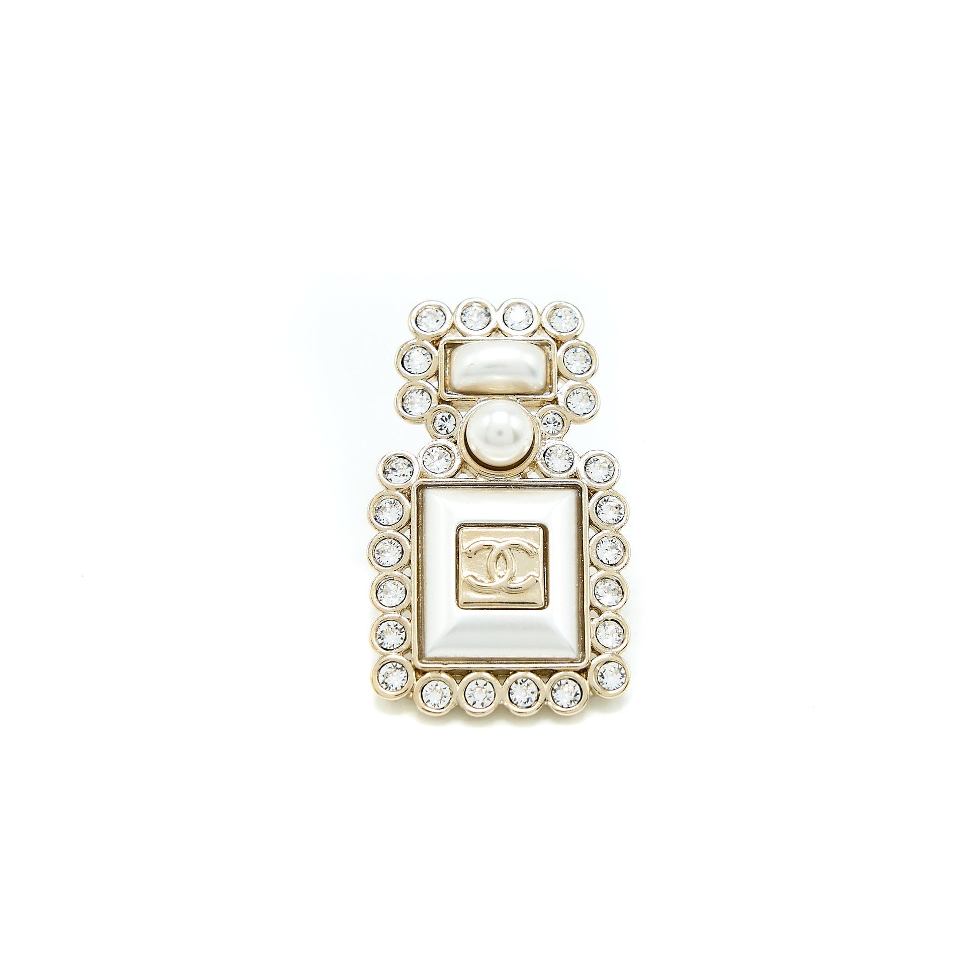 Chanel Logo Bottle Brooch Crystals Light Tone Gold Handbag