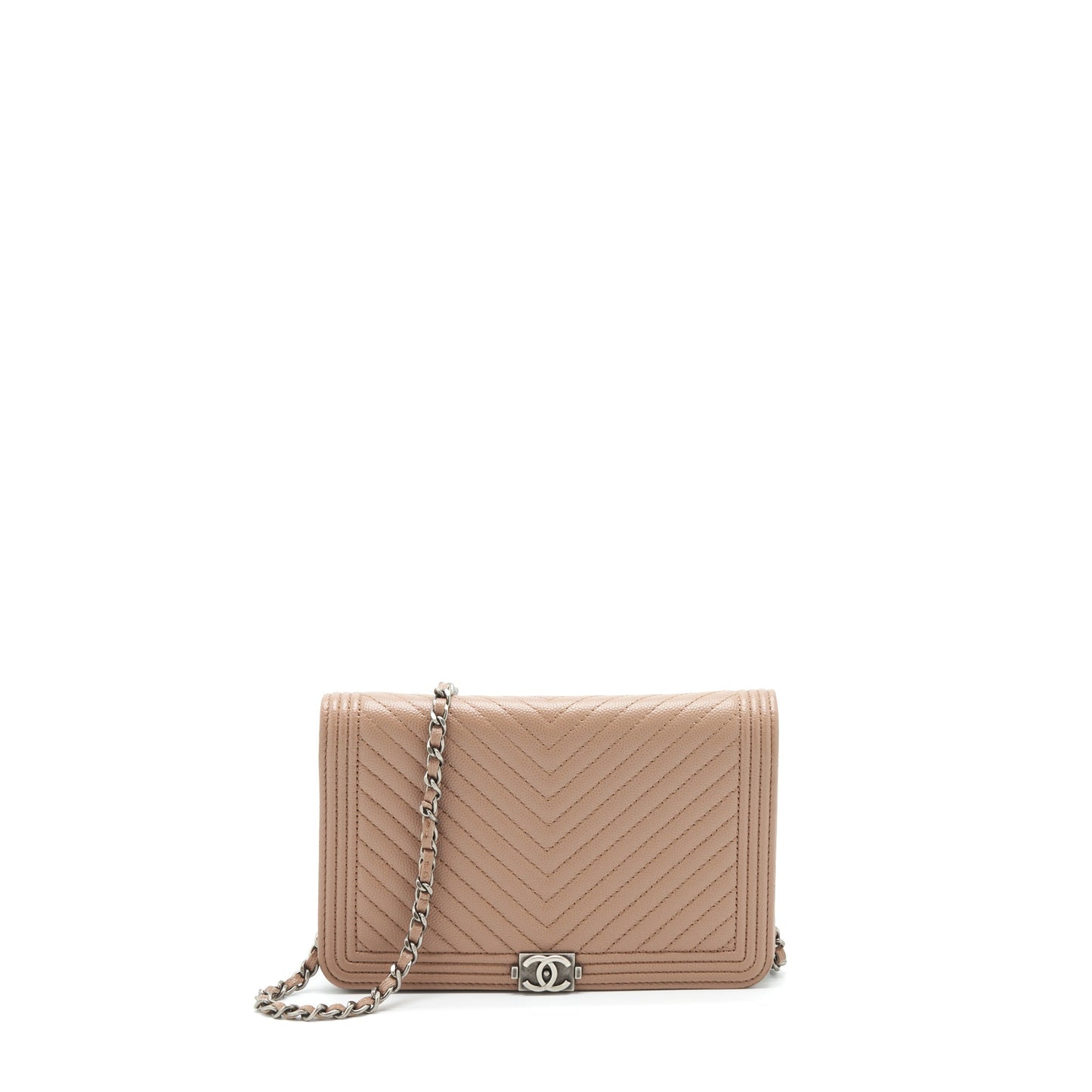 Chanel Chevron Boy On Caviar Dark Ruthenium Beige Wallet Case