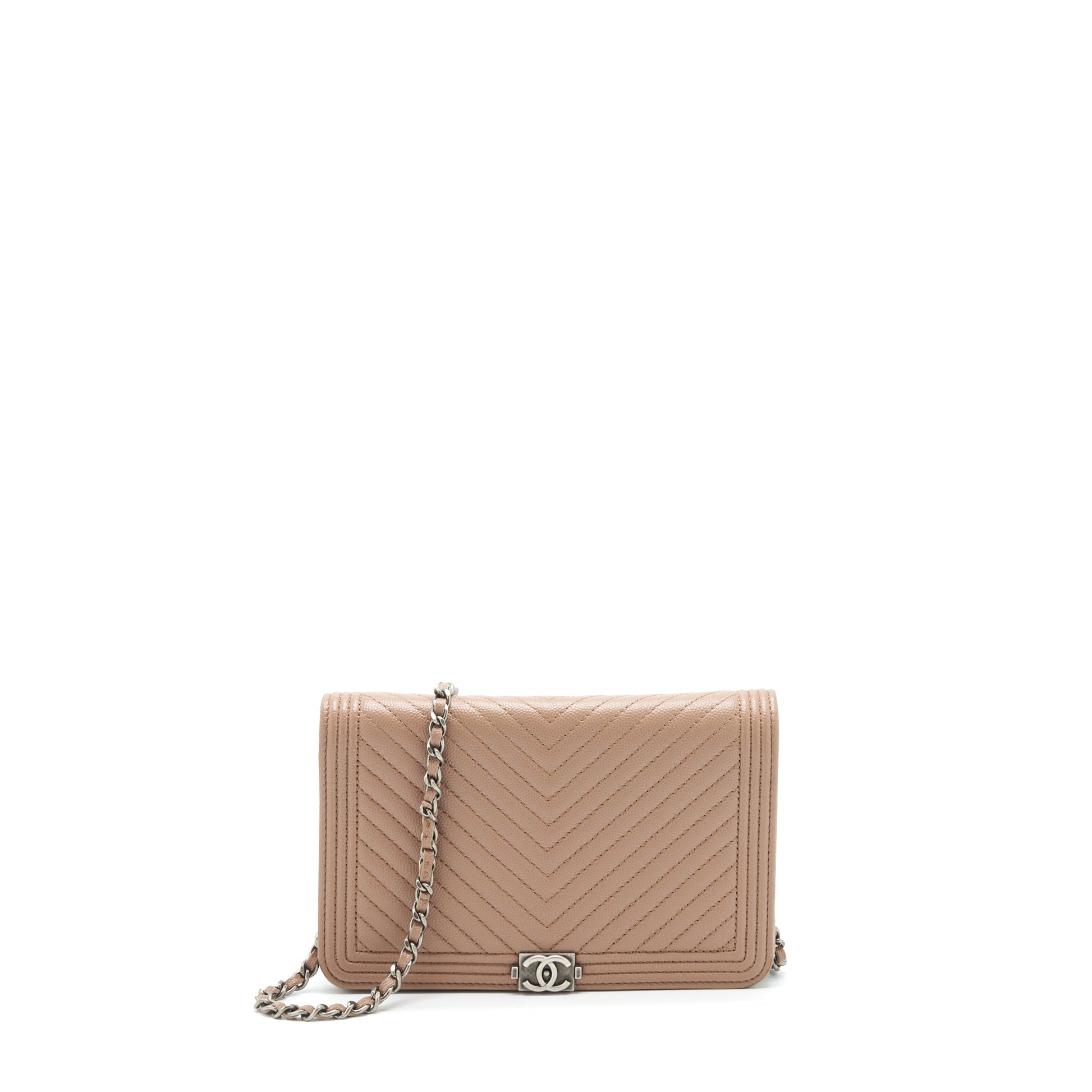 Chanel Chevron Boy On Caviar Dark Ruthenium Beige Wallet Case