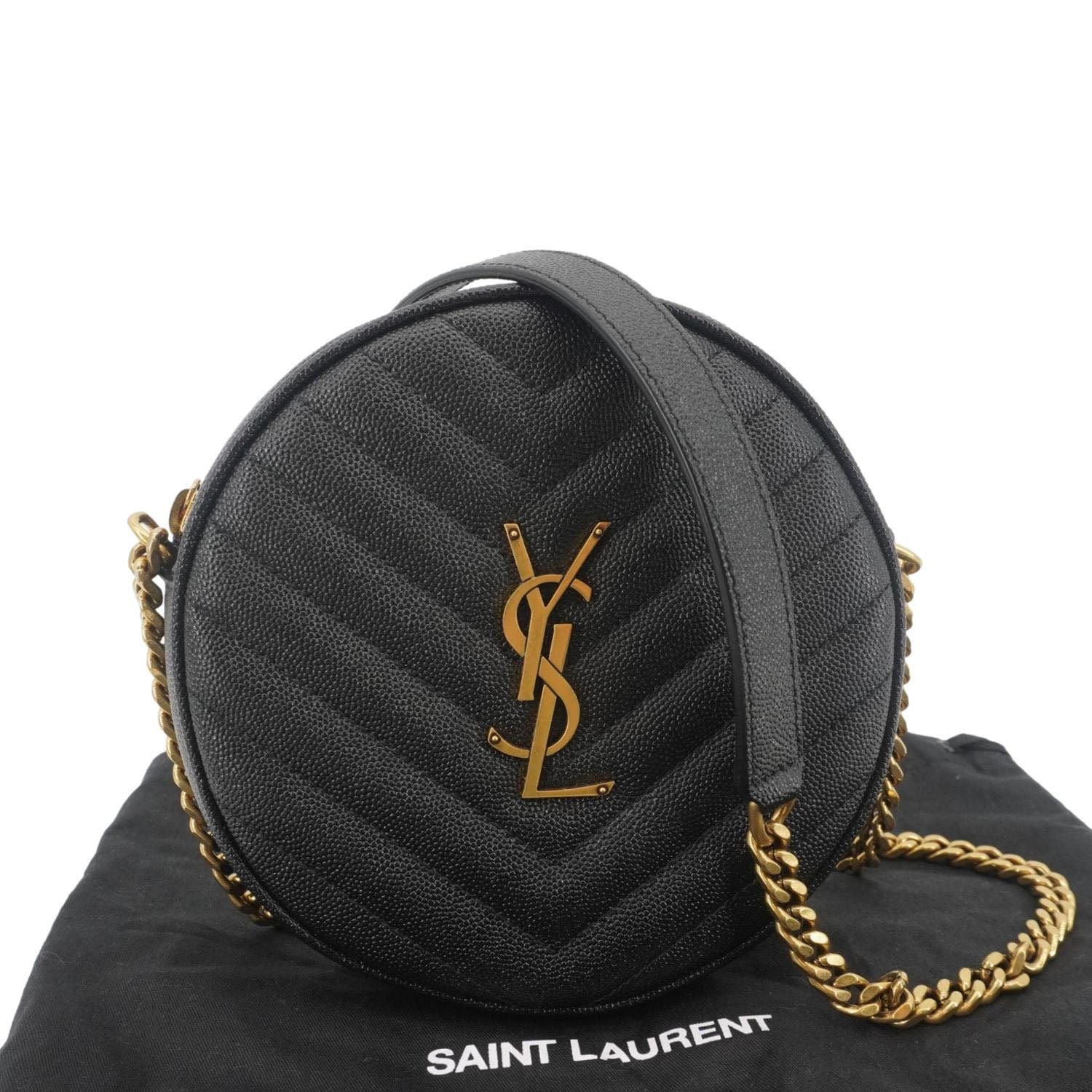 YSL Saint Laurent Yves Round Chevron Camera Crossbody Bag Leather Black