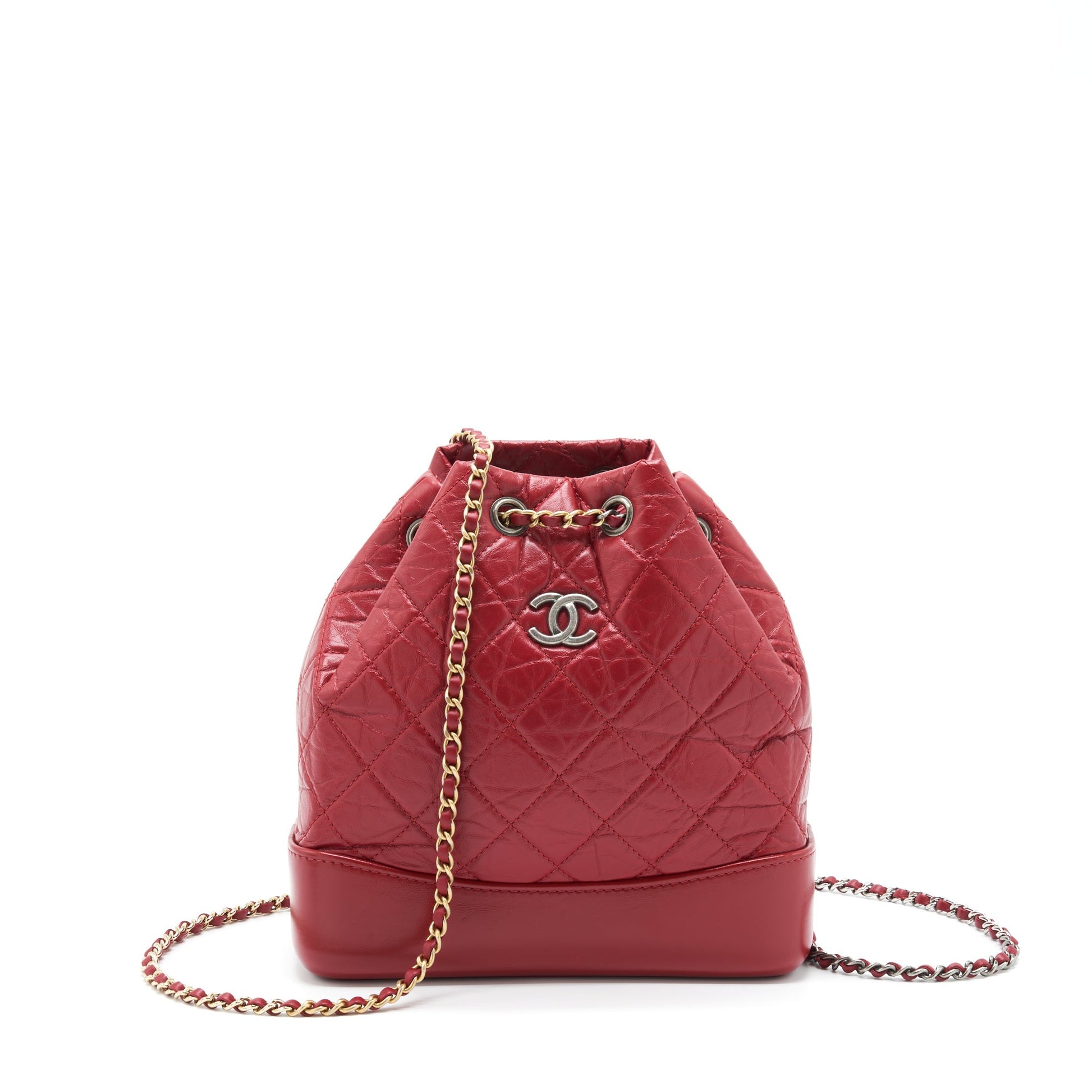 Chanel Gabrielle Backpack Aged Calfskin Ruthenium Sliver Red Gold Small