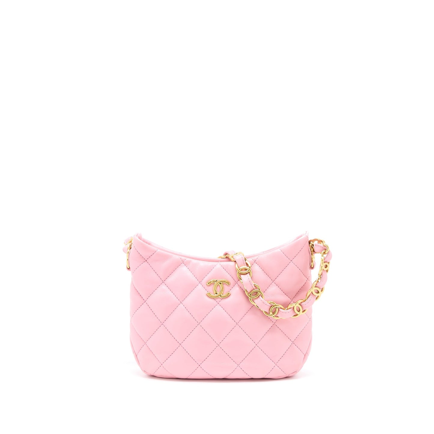 Chanel 22K Hobo Logo Lambskin GHW Microchip Pink Shoulder Bag