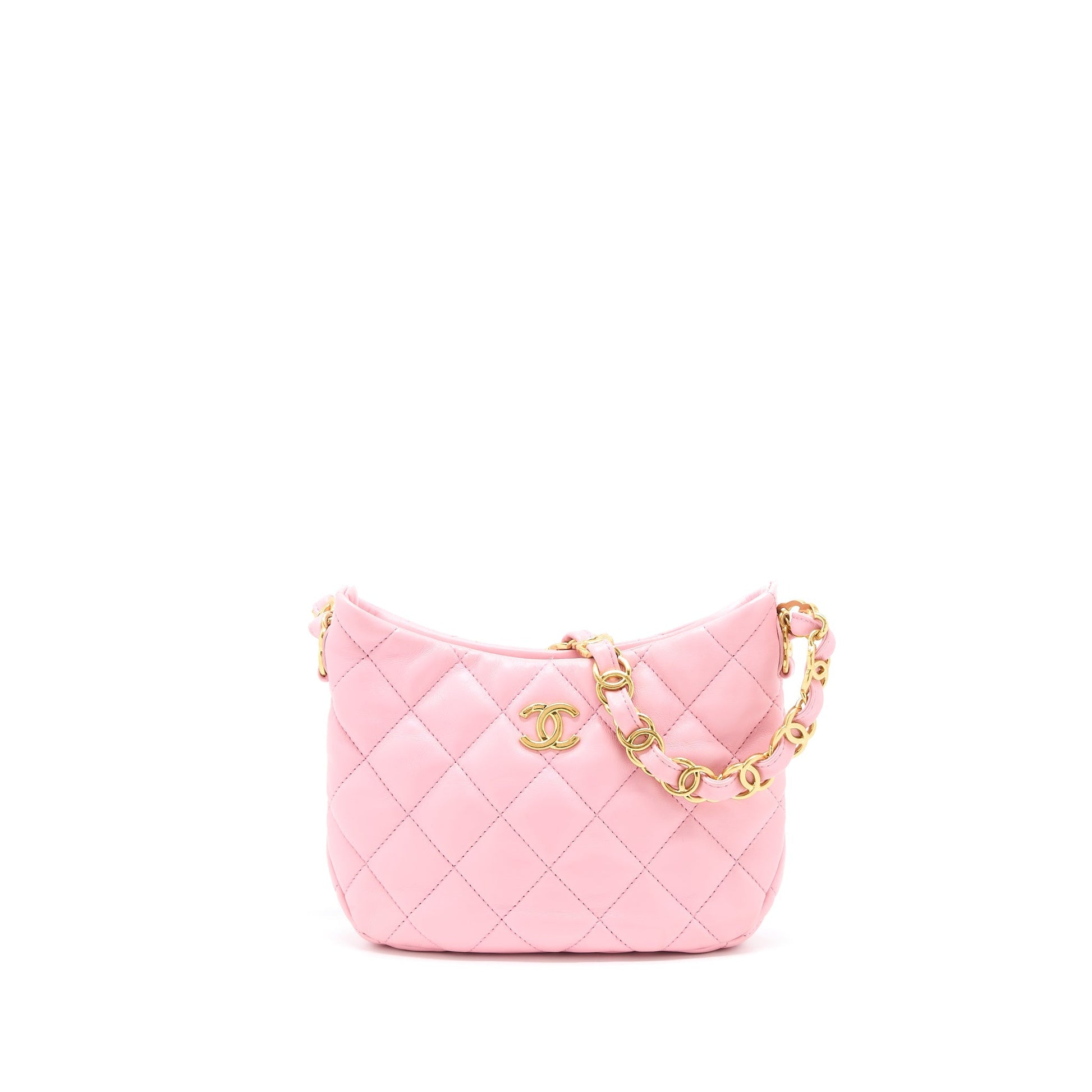 Chanel 22K Hobo Logo Lambskin GHW Microchip Pink Shoulder Bag