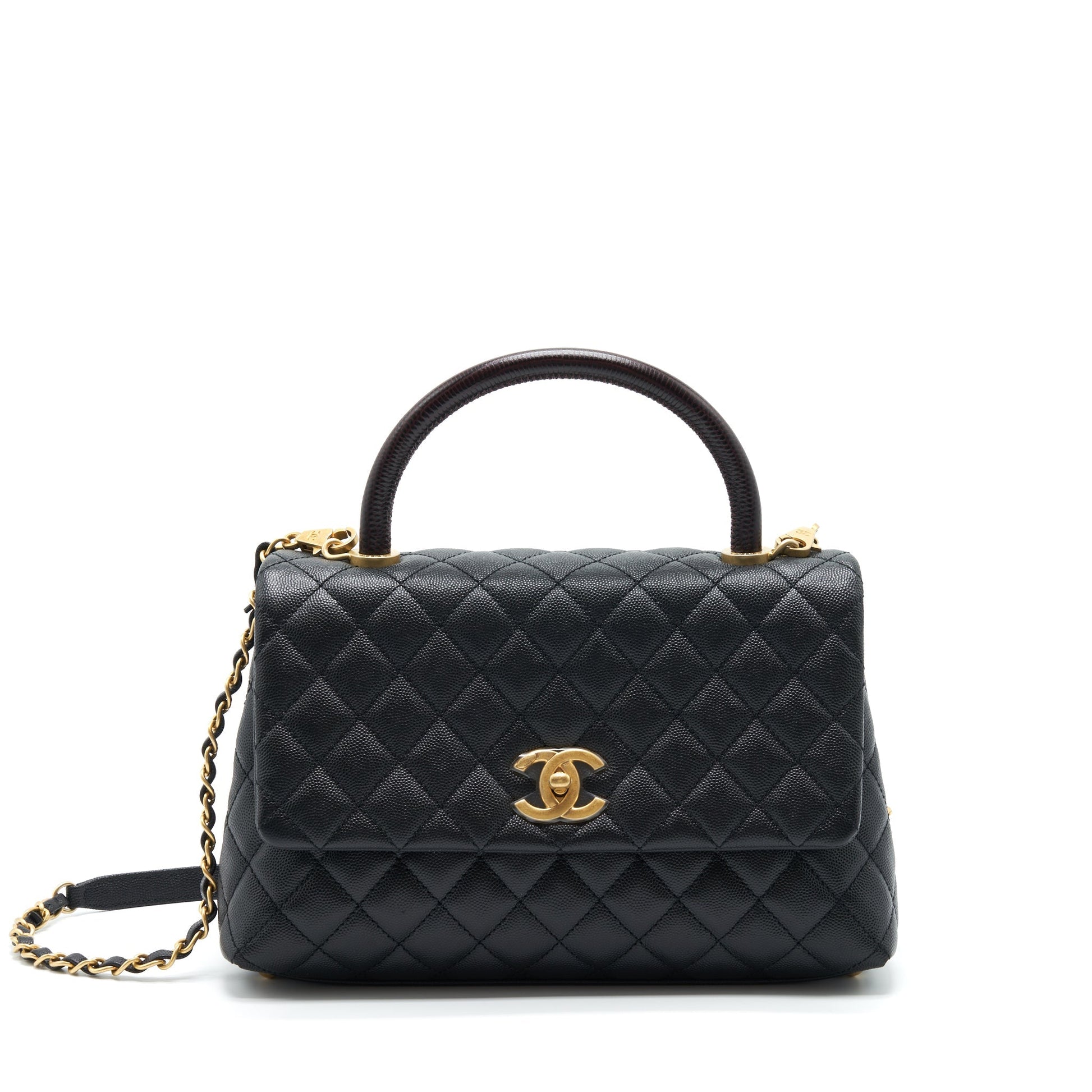 Chanel Coco Handle Lizard Embossed Handle Caviar Black Handbag