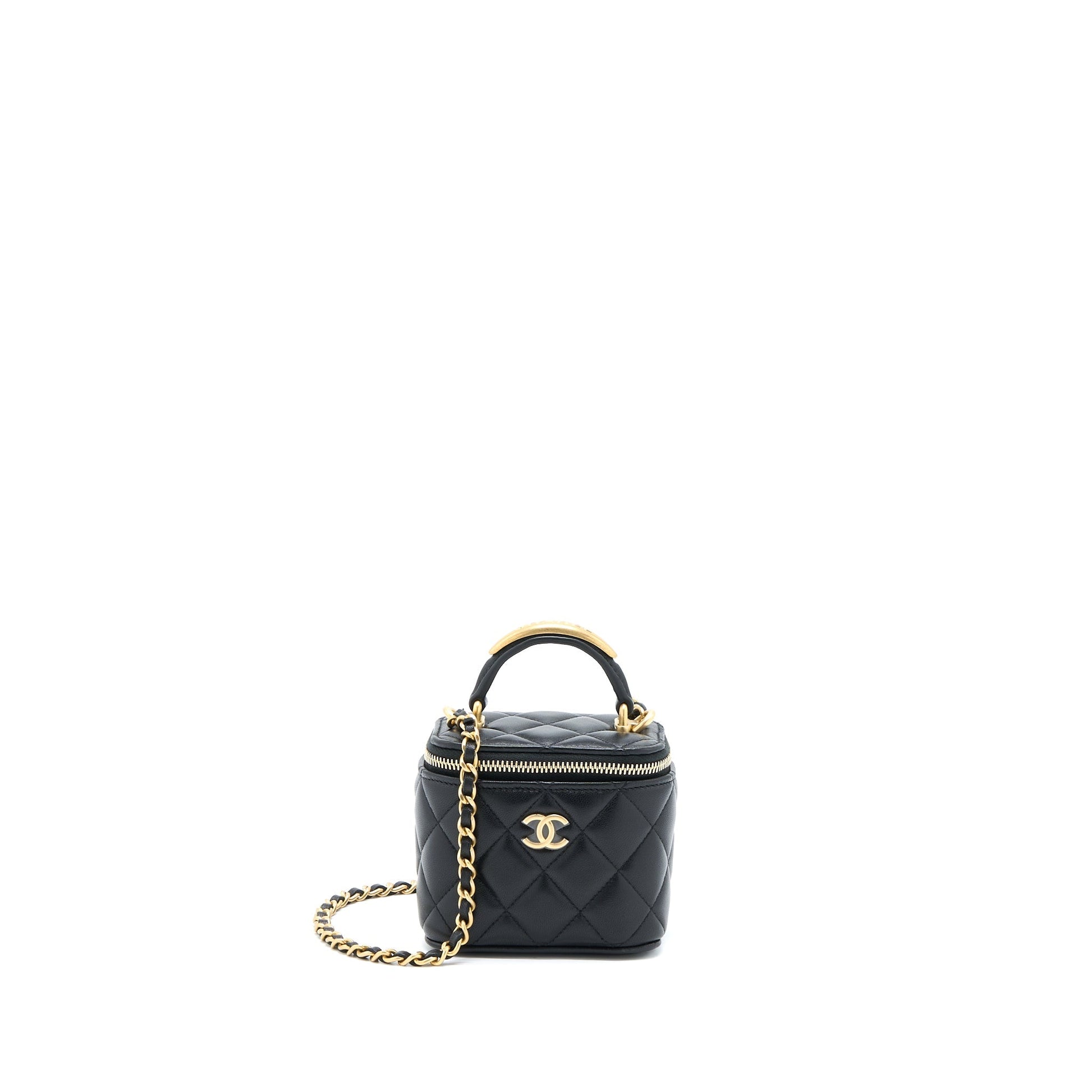 Chanel 22B Detailed Top Handle Vanity Lambskin Black Mini Bag