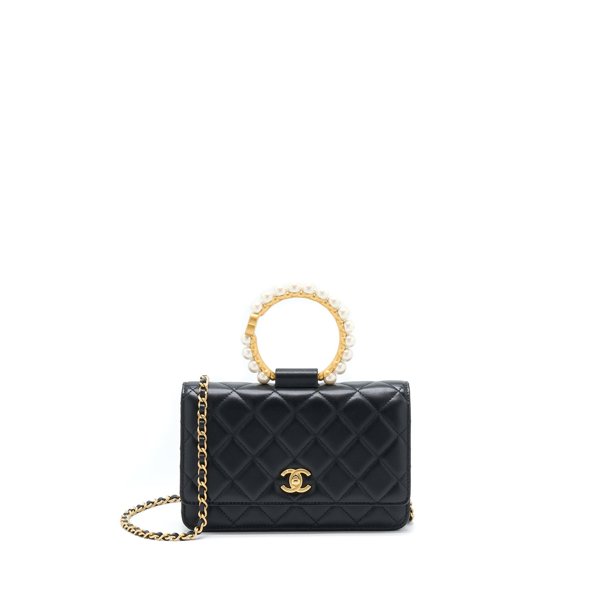Chanel 21S On Pearl CC logo Round Black Wallet Case