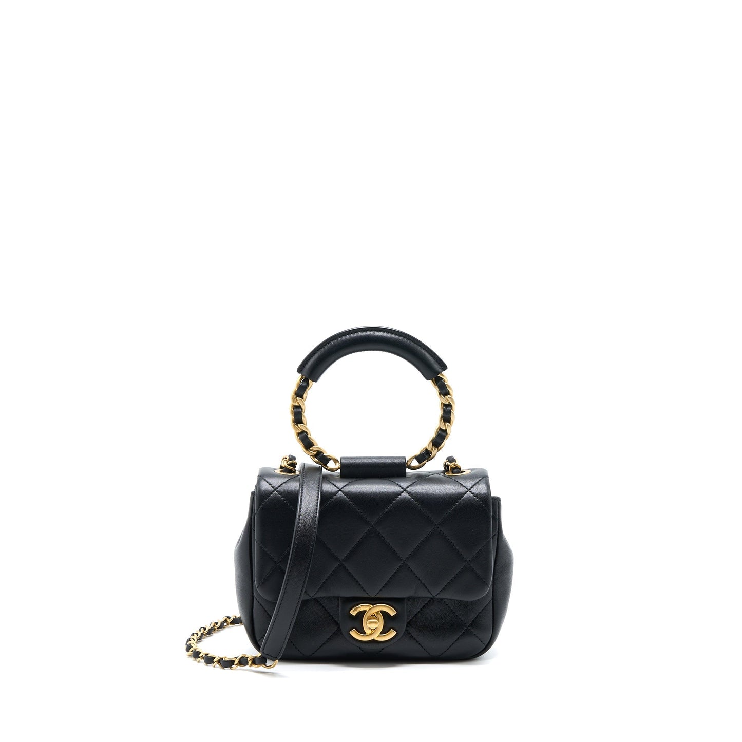 Chanel Circular Handle Quilted Flap Lambskin Brushed Black Shoulder Bag