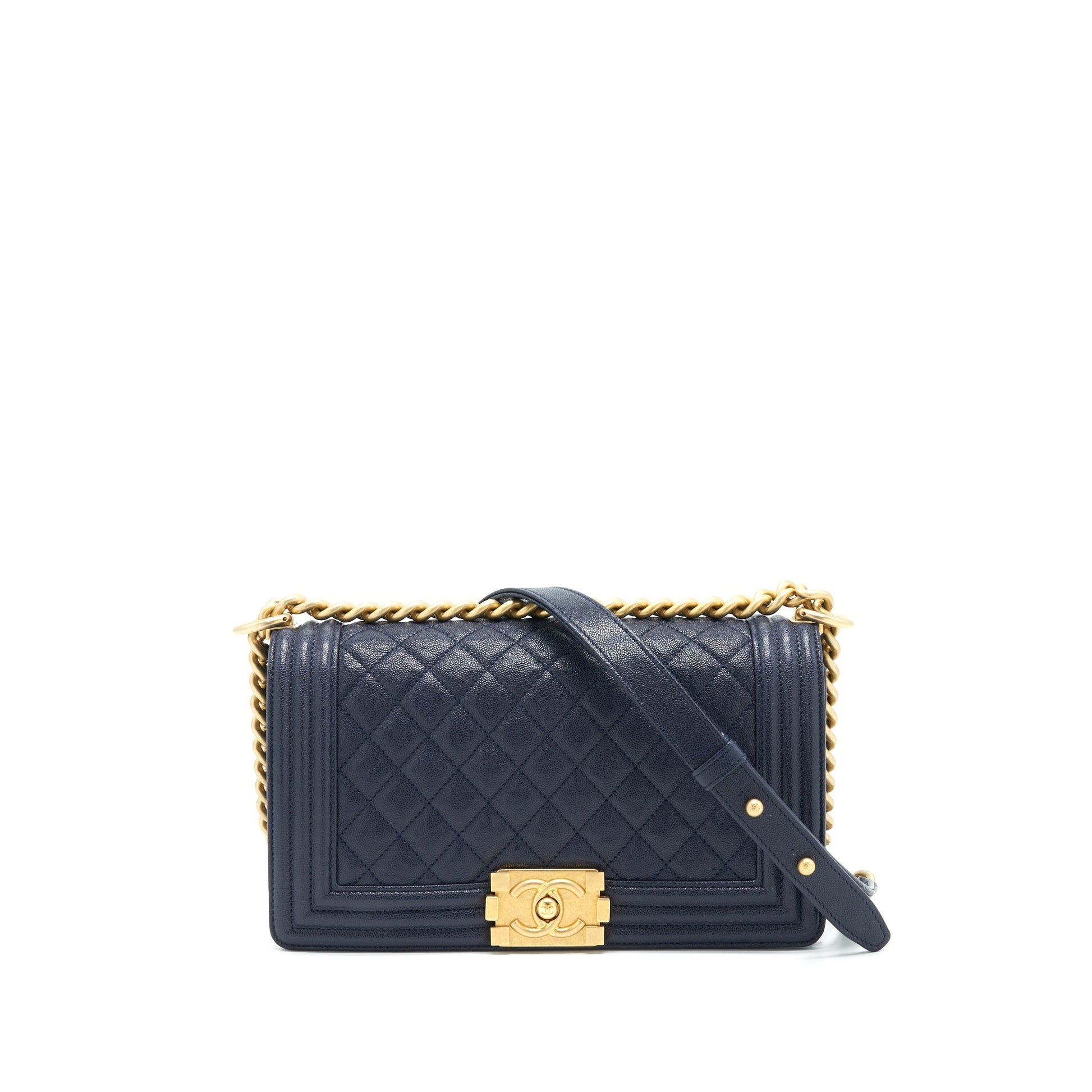 Chanel Boy Grained Navy Calfskin Brushed GHW Handbag