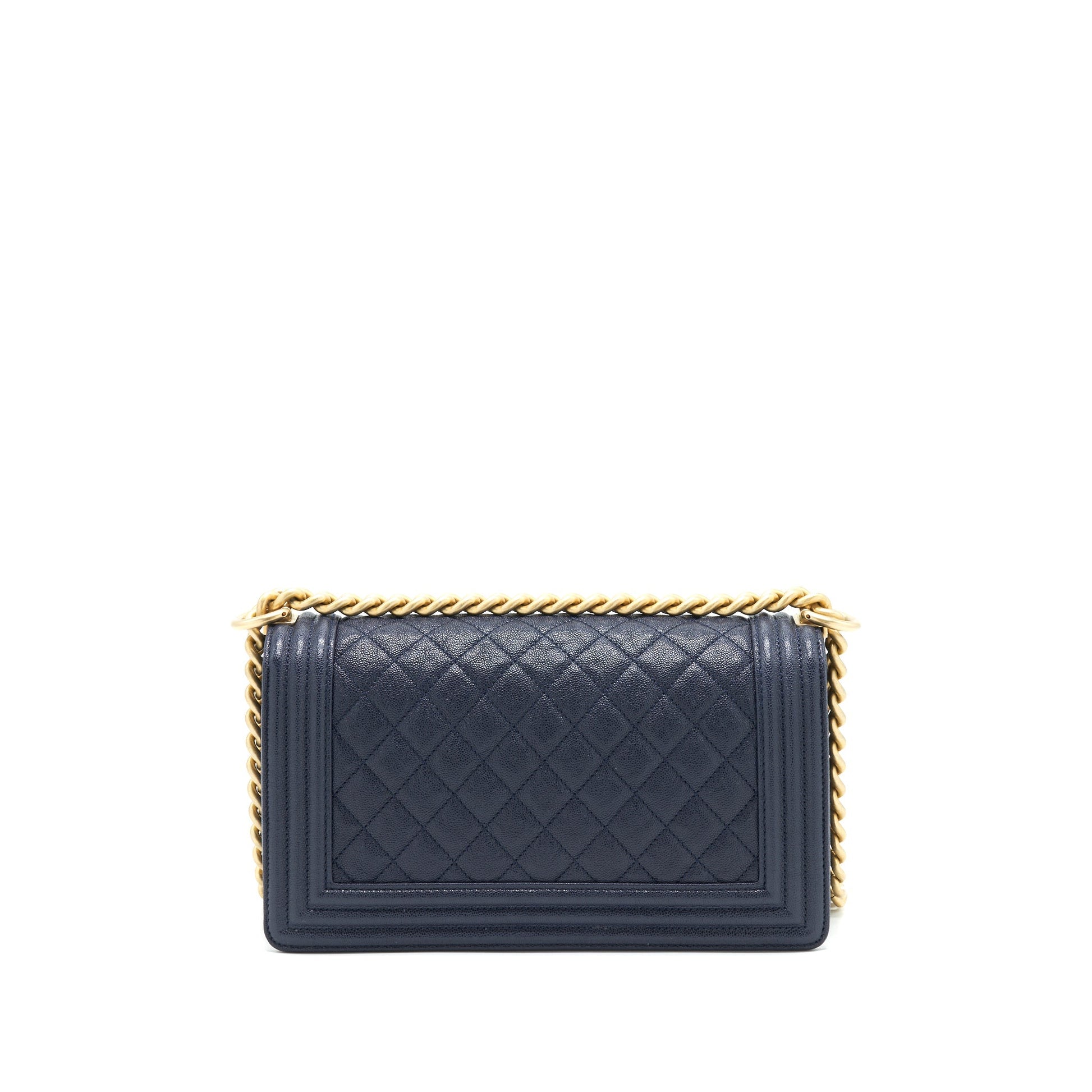Chanel Boy Grained Navy Calfskin Brushed GHW Handbag