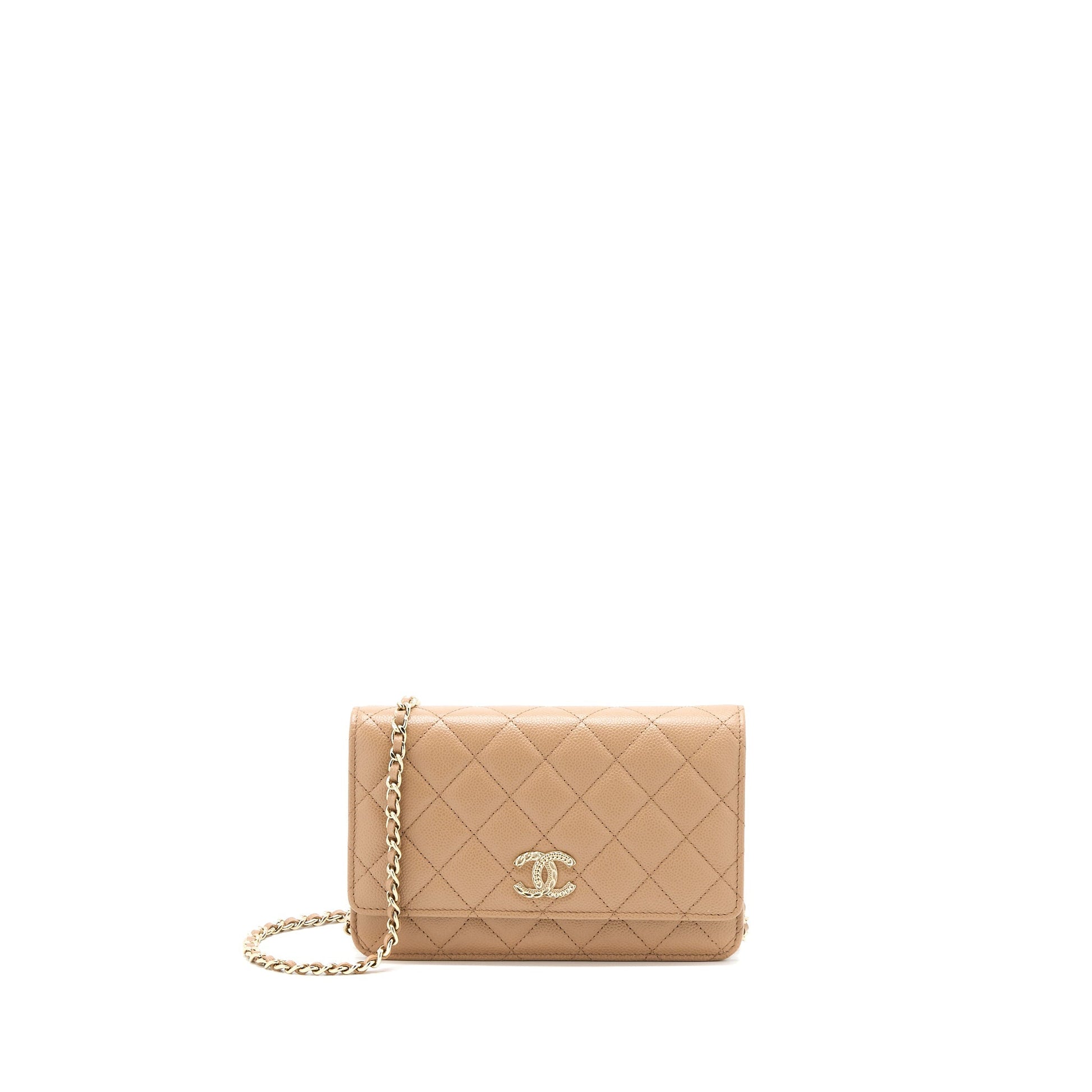 Chanel 22K On Caviar Dark LGHW Microchip Beige Wallet Case