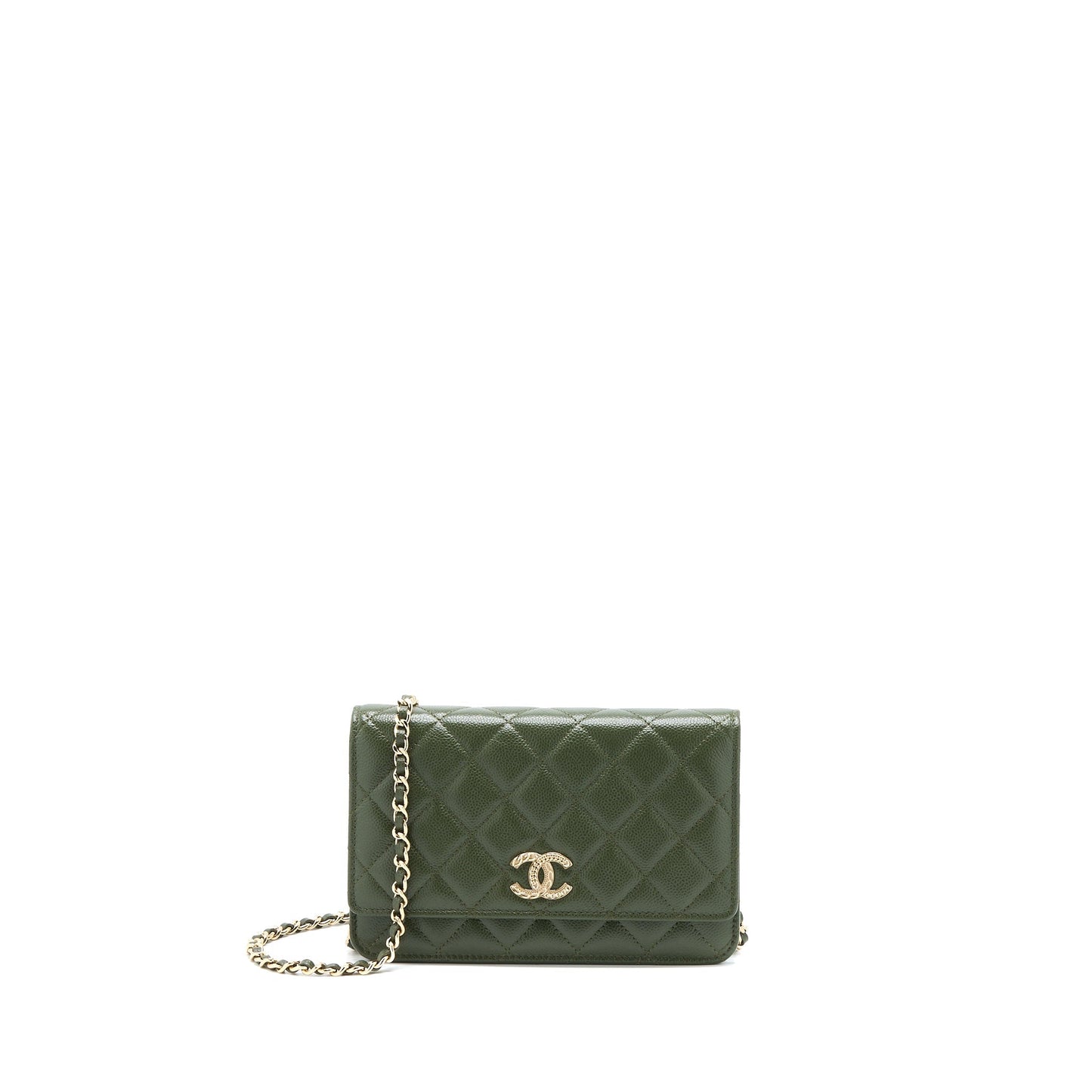 Chanel 22K On Caviar Dark LGHW Microchip Green Wallet Case