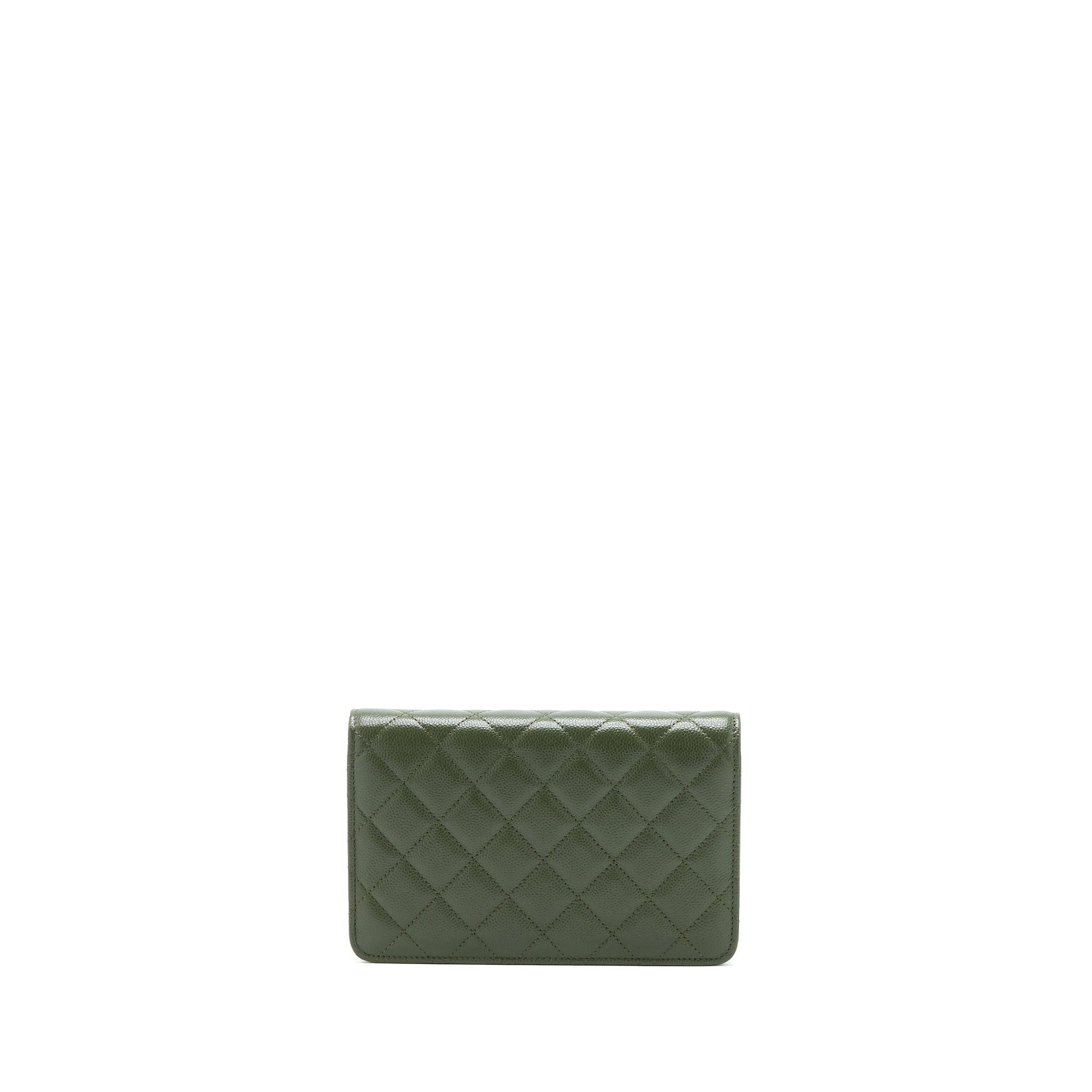 Chanel 22K On Caviar Dark LGHW Microchip Green Wallet Case