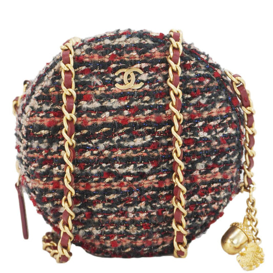 Chanel Round Tweed Chain Clutch Crossbody Bag Red