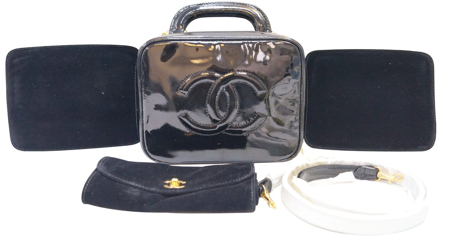 Chanel CC Patent 2way Vanity Cosmetic Leather Black Travel Bag