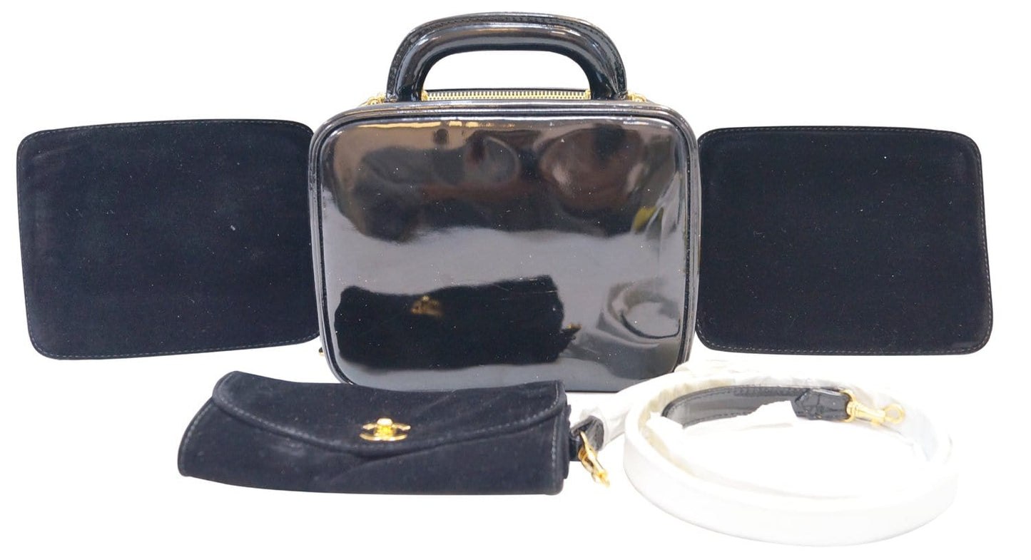 Chanel CC Patent 2way Vanity Cosmetic Leather Black Travel Bag