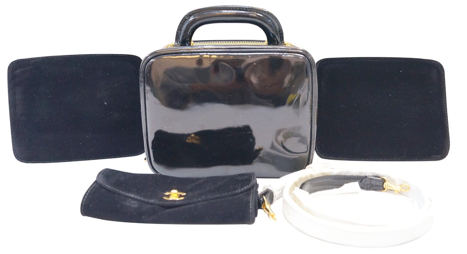 Chanel CC Patent 2way Vanity Cosmetic Leather Black Travel Bag