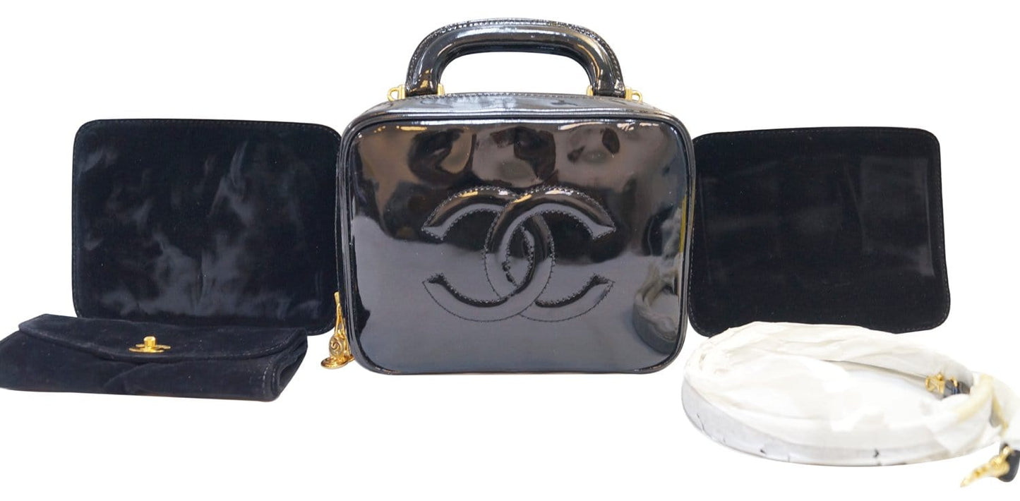 Chanel CC Patent 2way Vanity Cosmetic Leather Black Travel Bag Cosmetic Bag