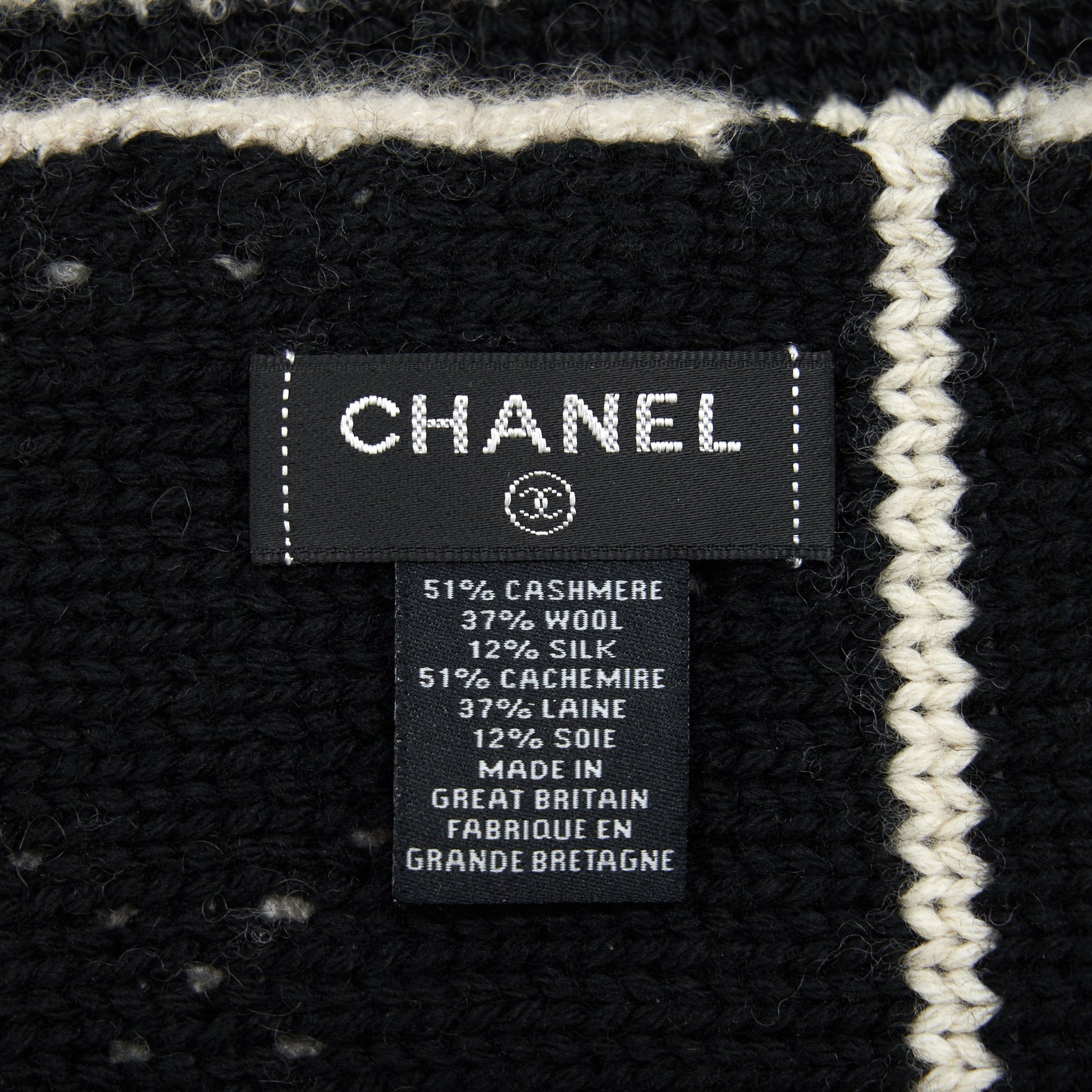Chanel Cashmere Wool Silk printed Scarf Light Black Grey