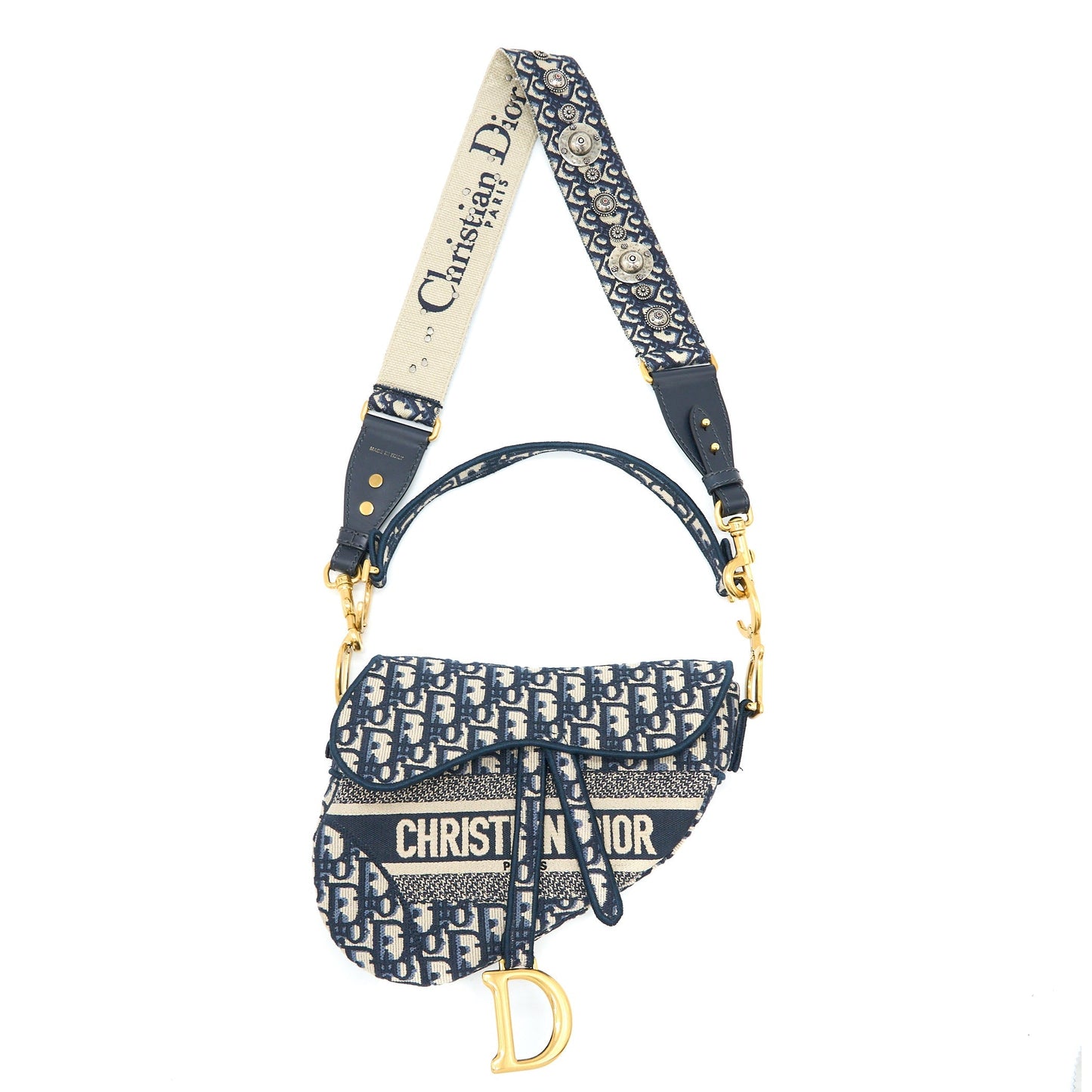 Dior Saddle Purse Oblique Embroidery Brushed With Strap Blue Travel Bag