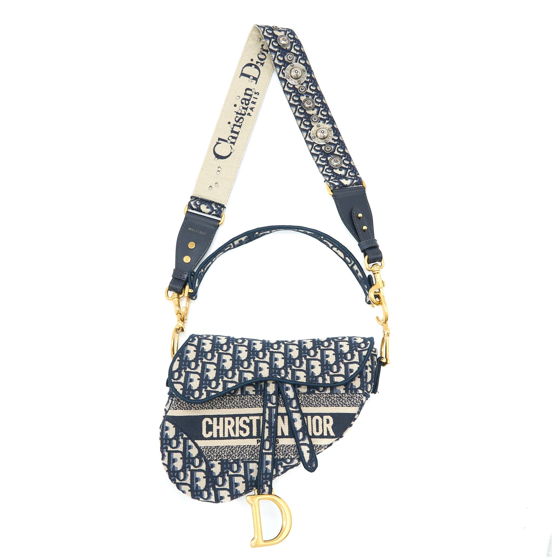 Dior Saddle Purse Oblique Embroidery Brushed With Strap Blue Travel Bag