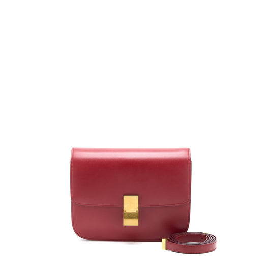Celine Classic Box Calfskin Brushed Handbag Red Medium Travel Bag