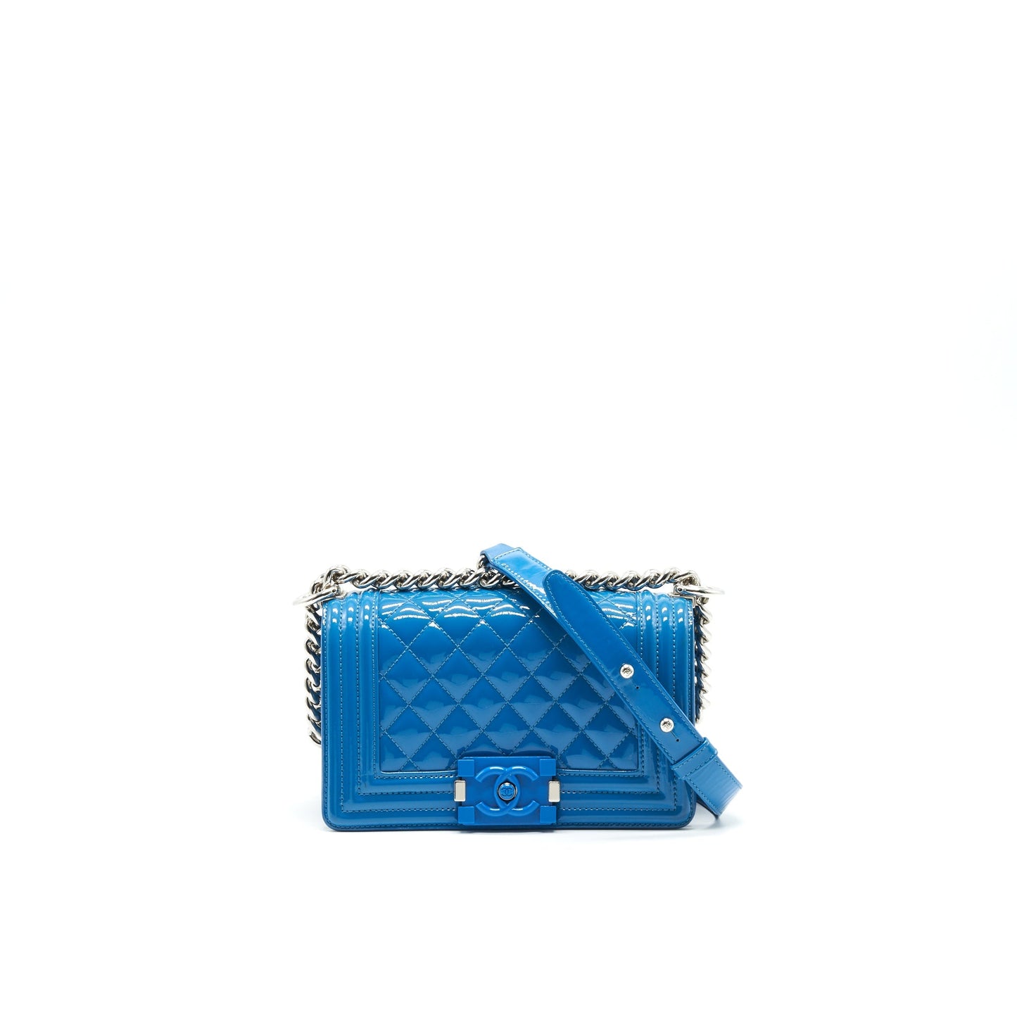 Chanel LE BOY PATENT SHW Blue Small Leather Handbag