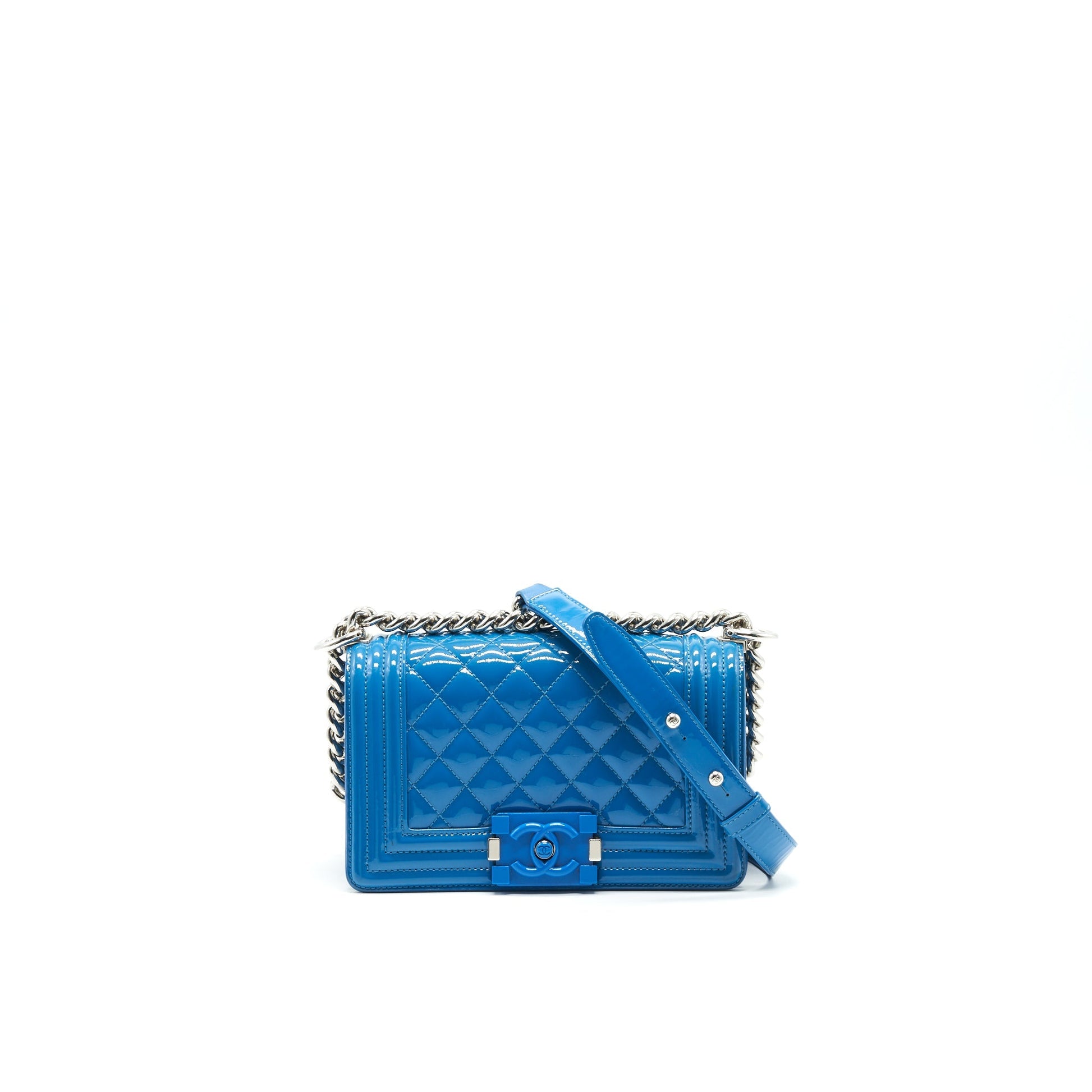 Chanel LE BOY PATENT SHW Blue Small Leather Handbag