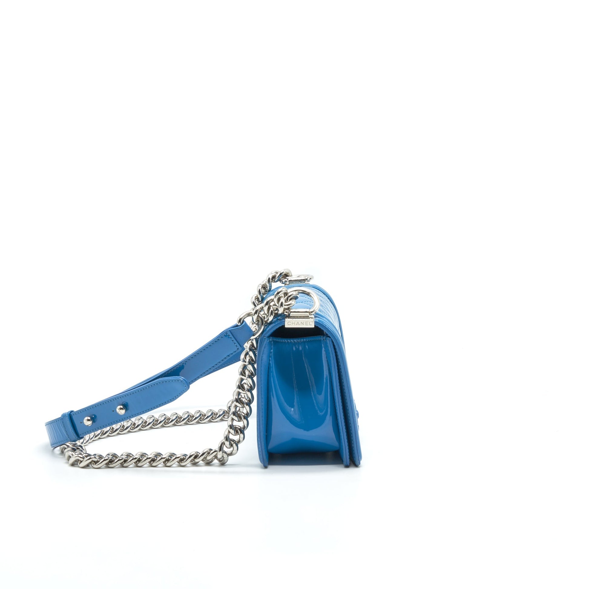 Chanel LE BOY PATENT SHW Blue Small Leather Handbag