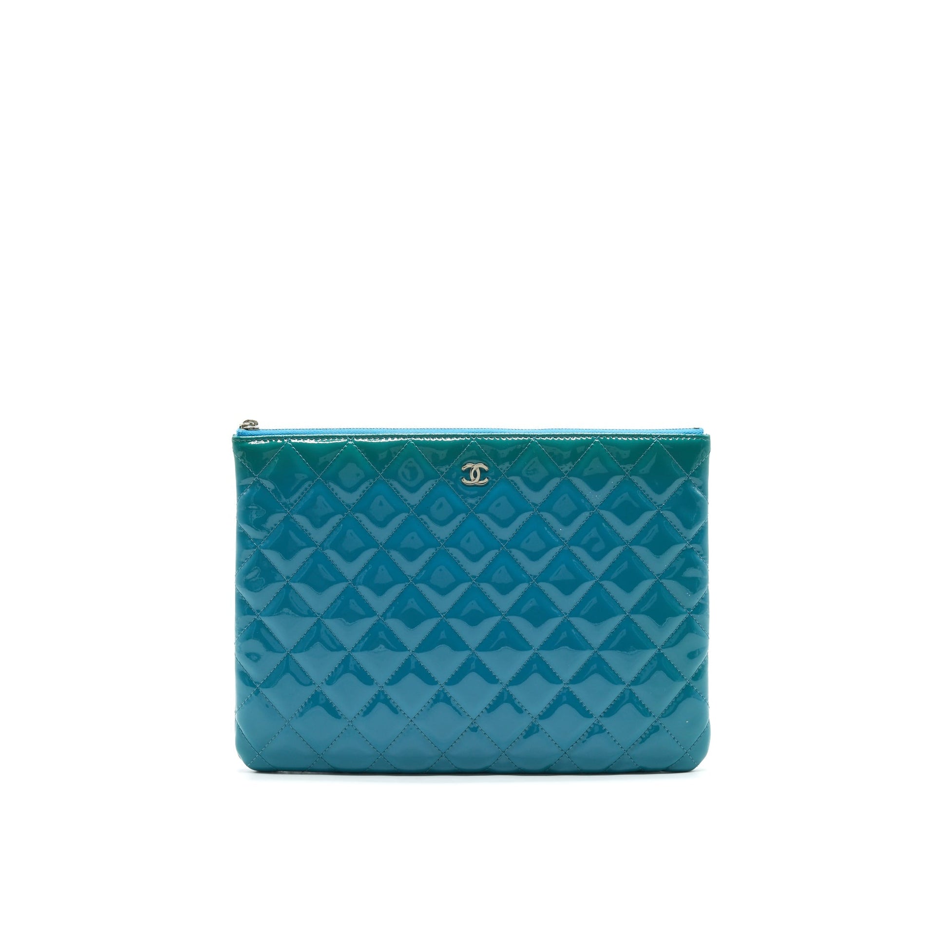 Chanel QUILTED PATENT Blue Leather Clutch Bag