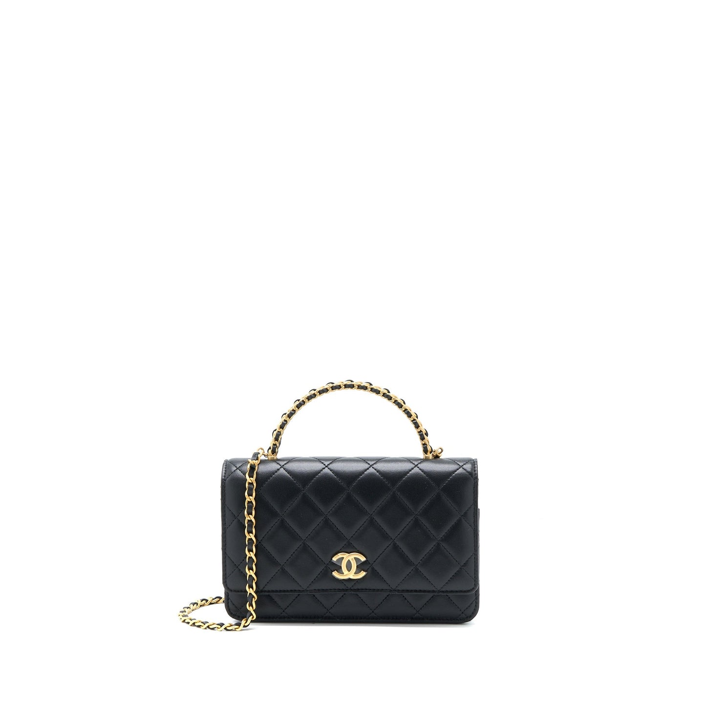 Chanel Top Handle On Lambskin Brushed GHW Black Wallet Case