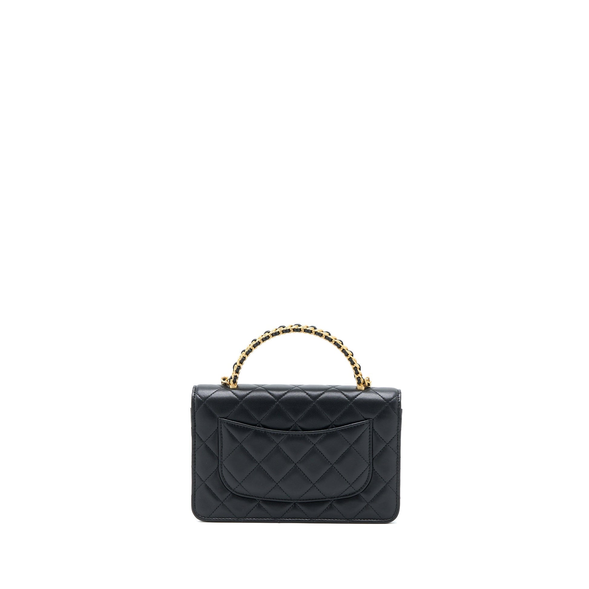 Chanel Top Handle On Lambskin Brushed GHW Black Wallet Case