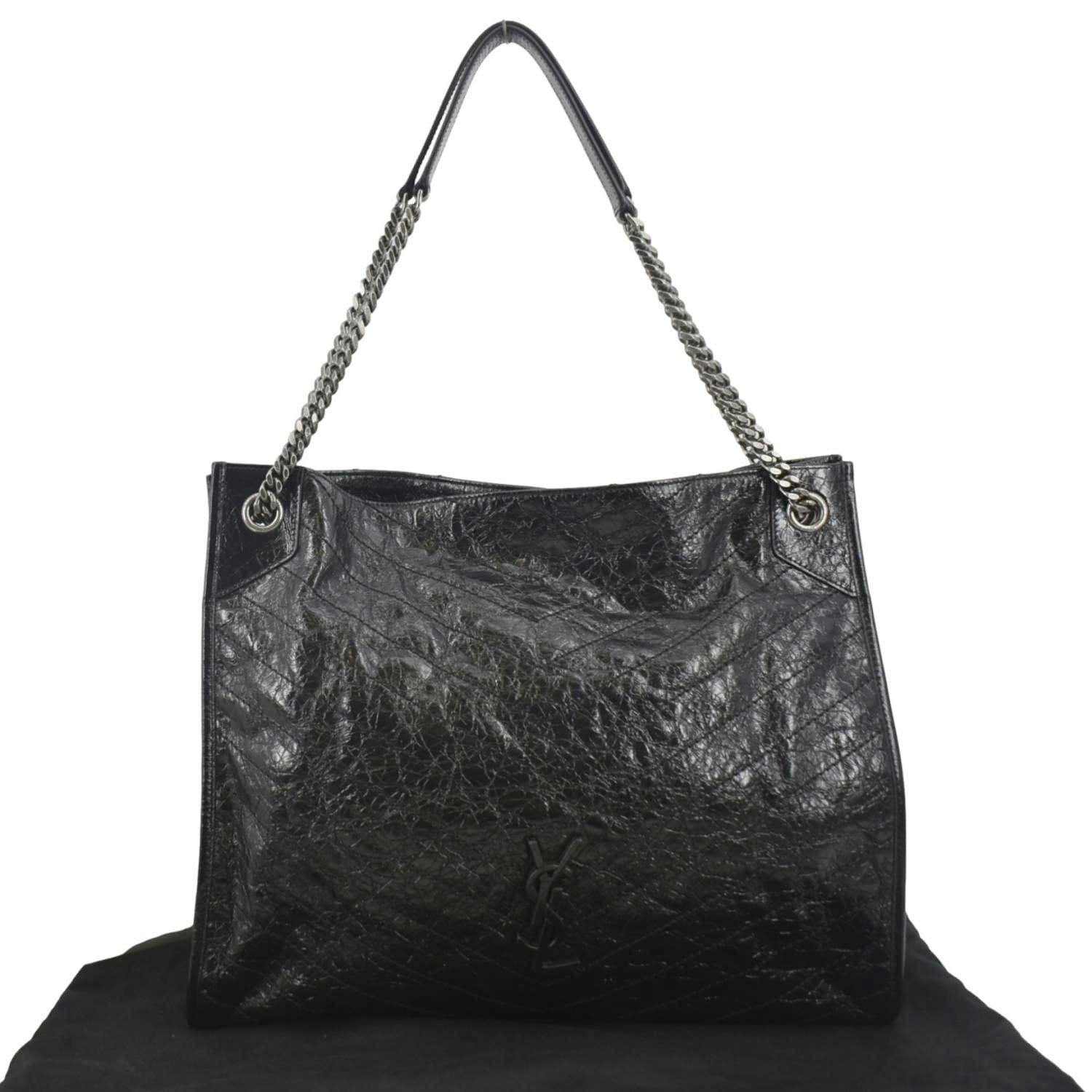 YSL Saint Laurent Yves Niki Crinkle Shopper Tote Bag Leather Black Large
