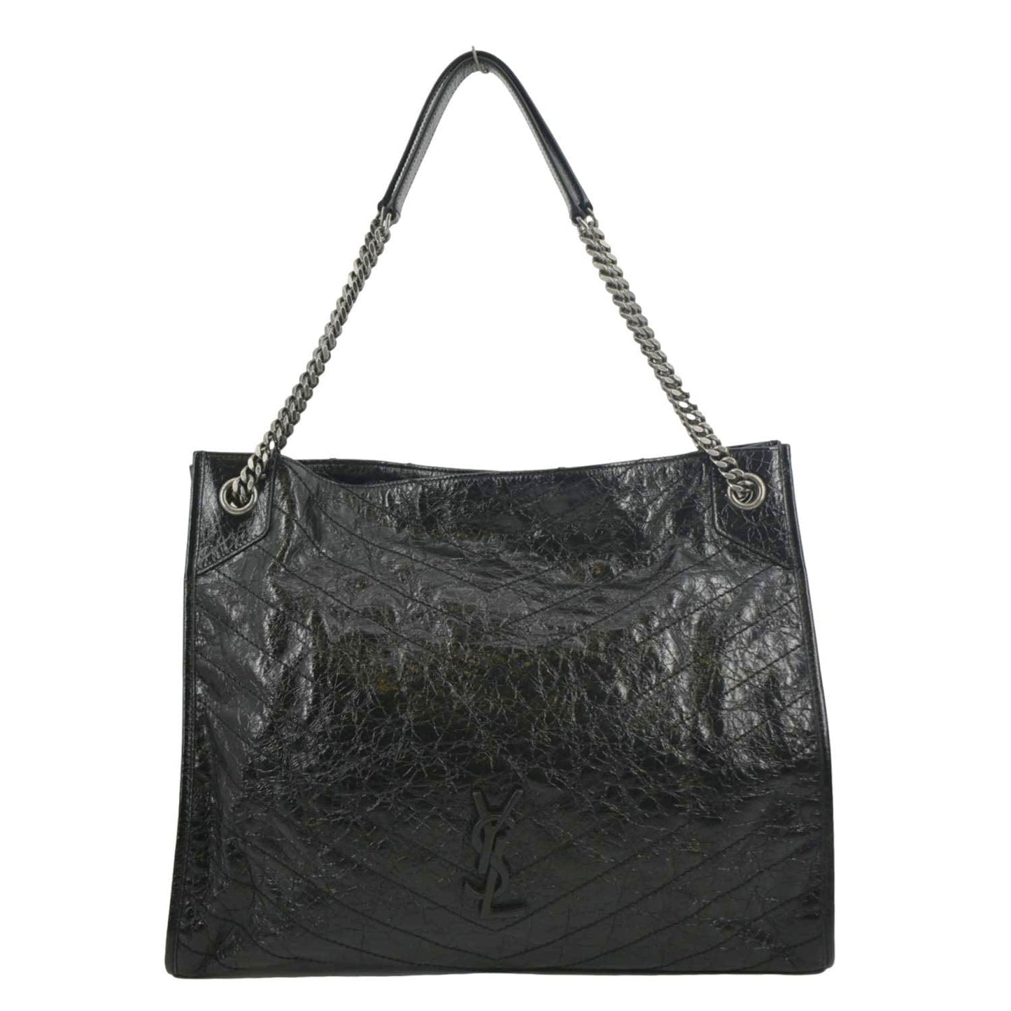 YSL Saint Laurent Saint Niki Crinkle Shopper Tote Bag Leather Black