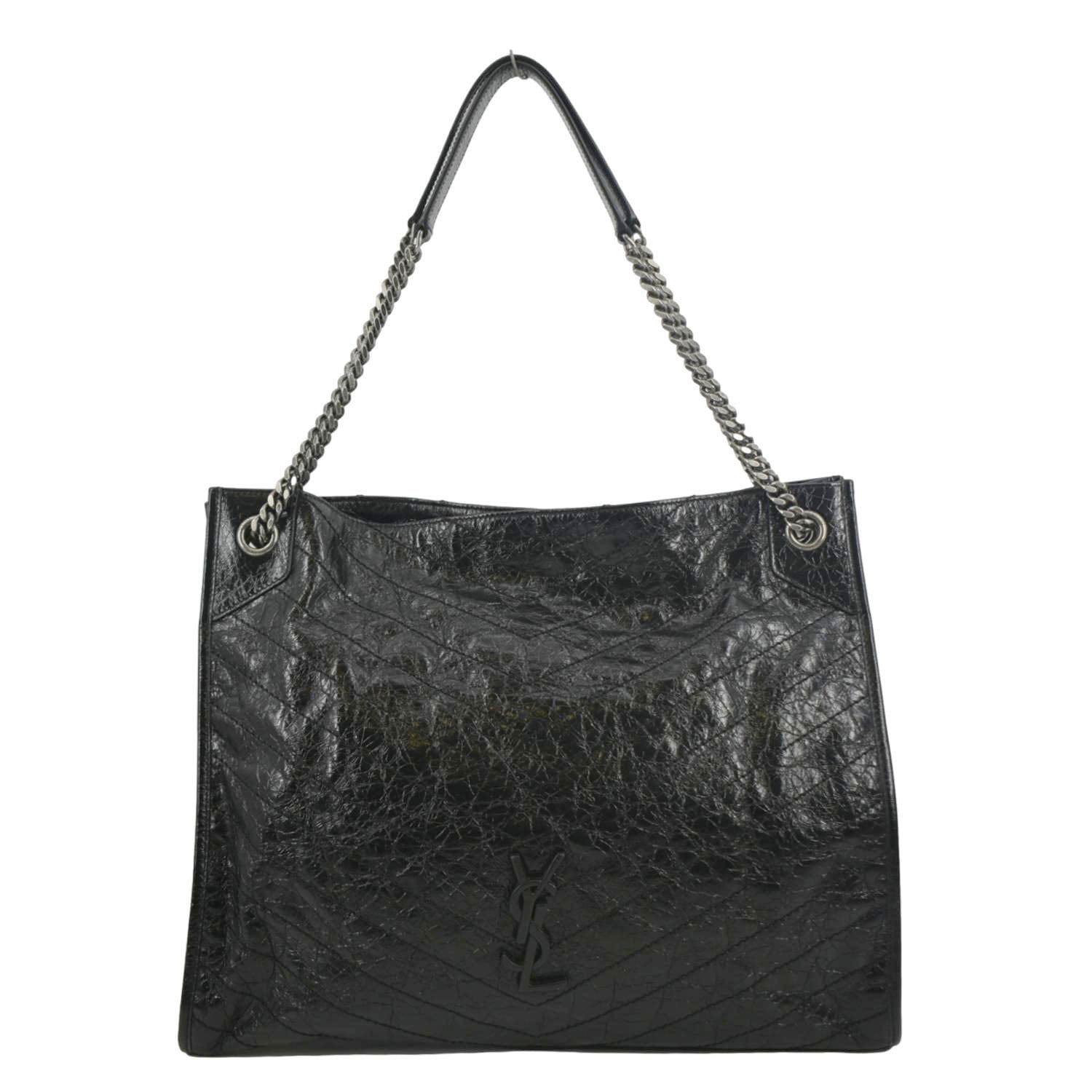 YSL Saint Laurent Yves Niki Crinkle Shopper Tote Bag Leather Black Large